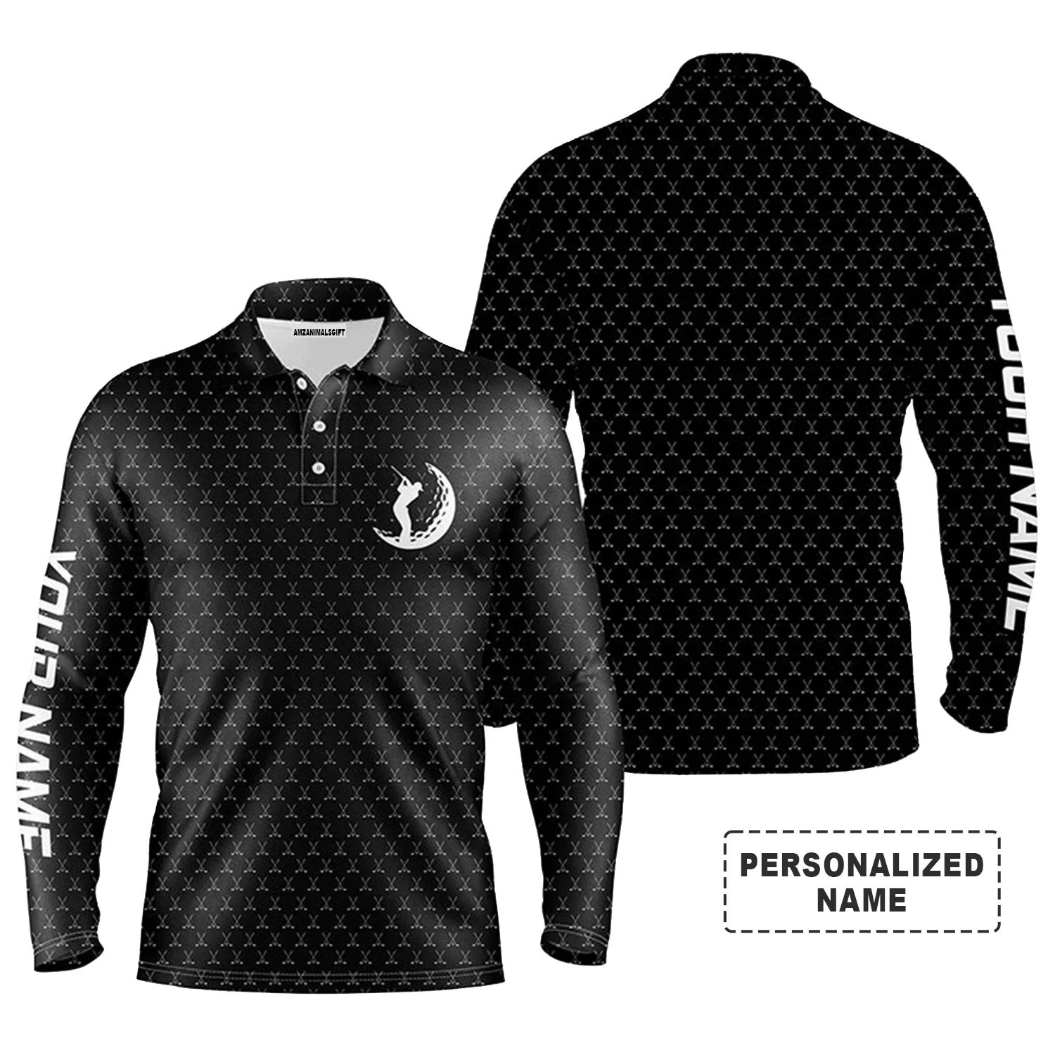 Custom Golf Long Sleeve Men Polo Shirt- Custom Name Funny Golf Clubs Pattern Apparel Men Polo Shirt - Personalized Gift For Men, Golf Lover - Image 2