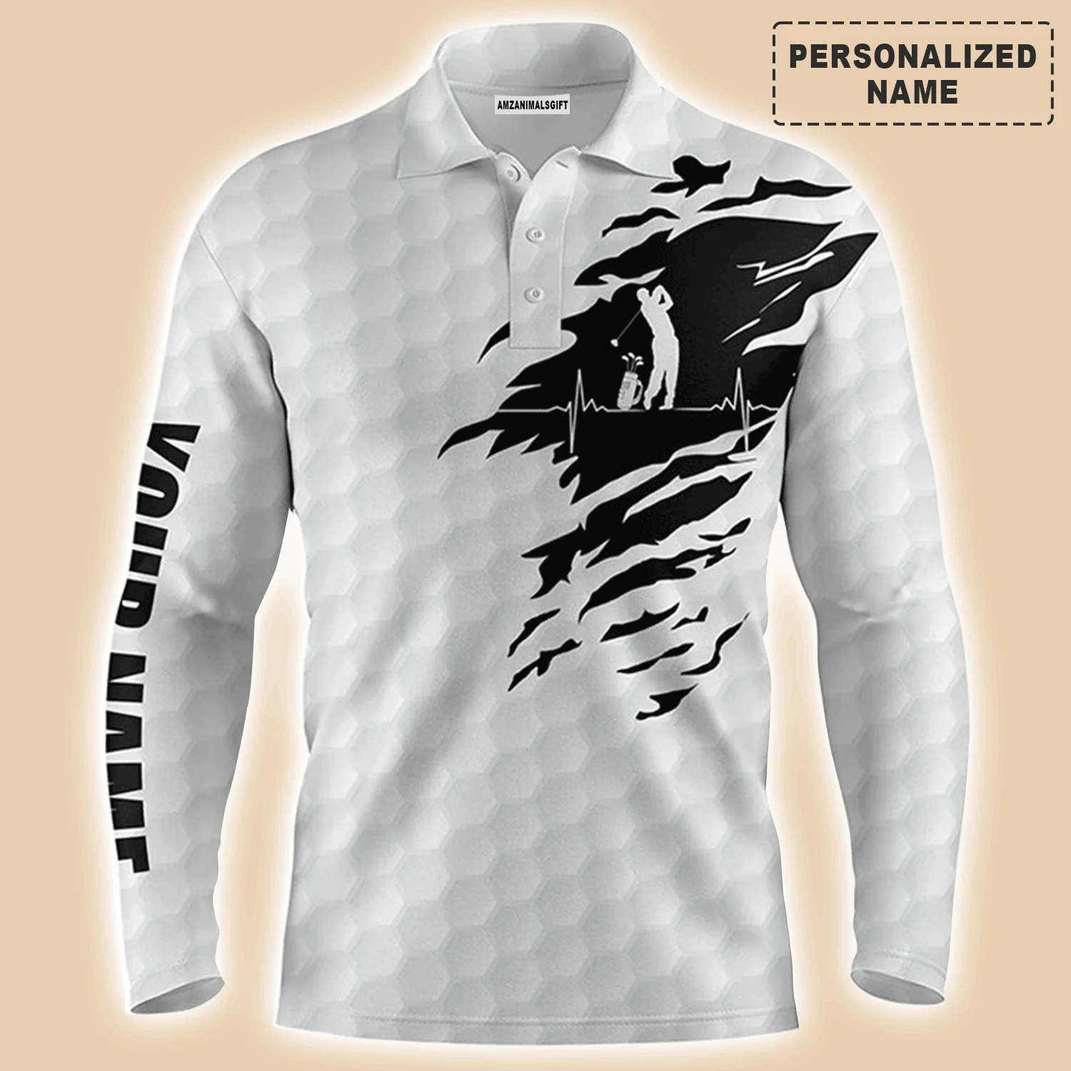 Custom Golf Long Sleeve Men Polo Shirt-Custom Name Golf Ball Pattern White Apparel Men Polo Shirt-Perfect Gift For Men, Golf Lover