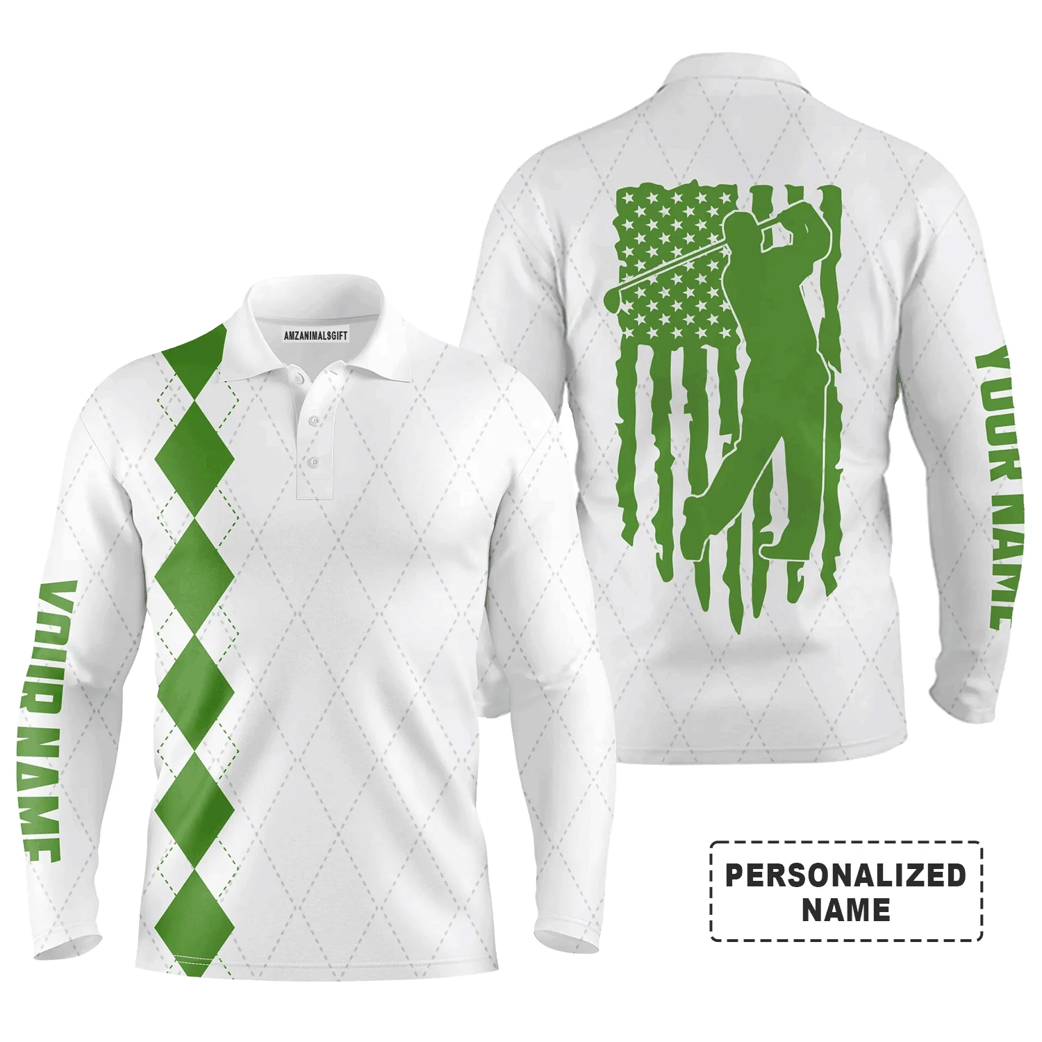 Custom Golf Long Sleeve Men Polo Shirt - Custom Name Green American Flag Apparel- Personalized Gift For Golf Lover, Team, Husband, Boyfriend, 4th July - Image 2
