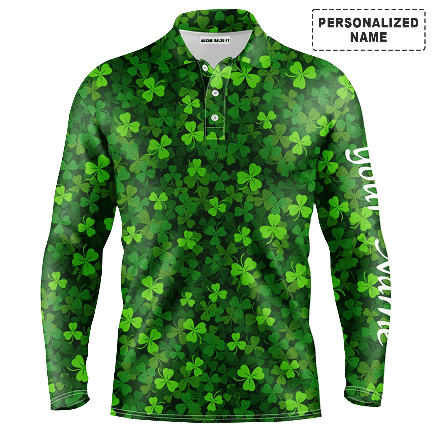 Custom Golf Long Sleeve Men Polo Shirt, Custom Name Green Clover St Patrick's Day Apparel - Personalized Gift For Men, Golf Lover - Image 2