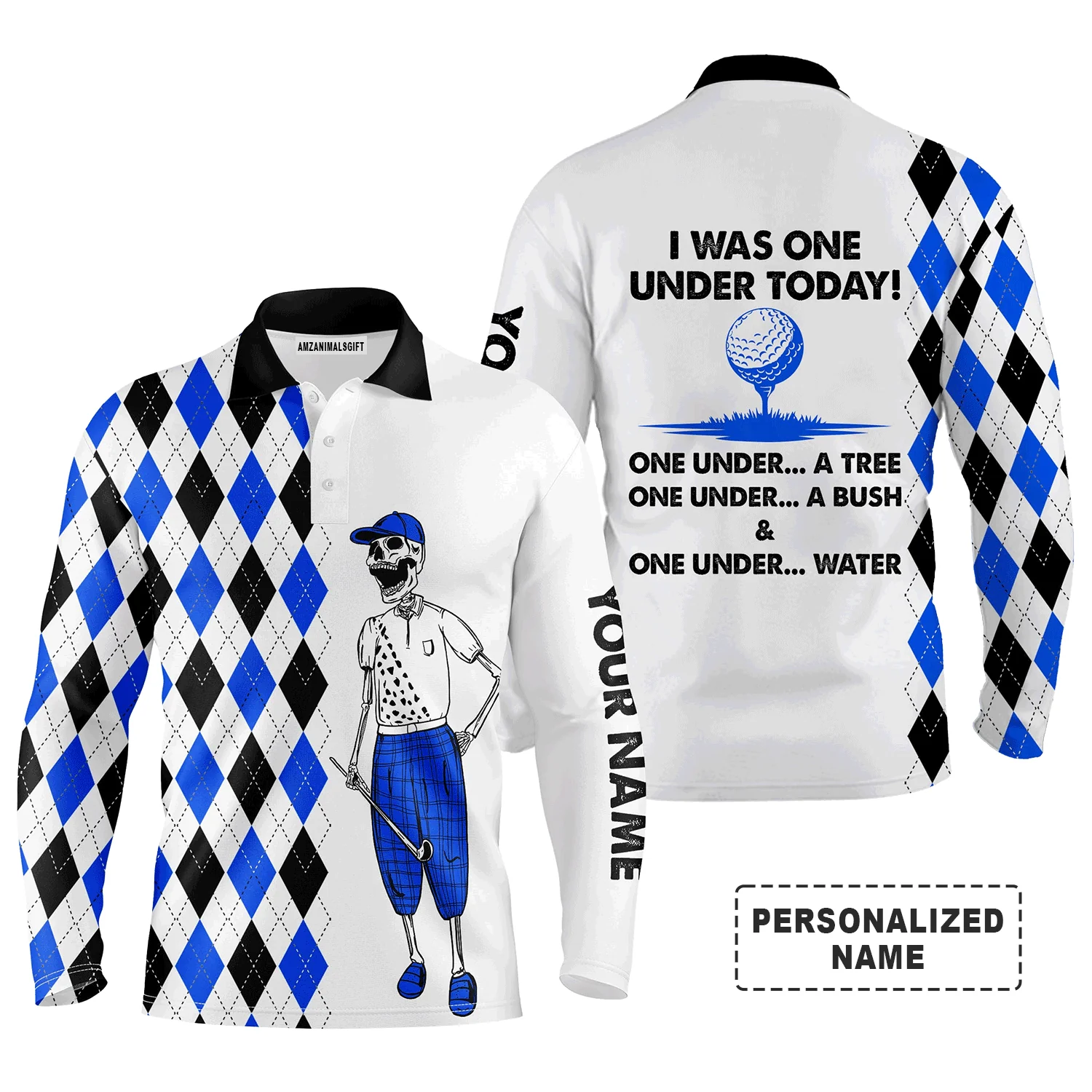 Custom Golf Long Sleeve Men Polo Shirt -Custom Name I Was One Under Today One Under A Tree Bush Water Polo Shirt - Perfect Polo Shirt For Men, Golfers - Image 2