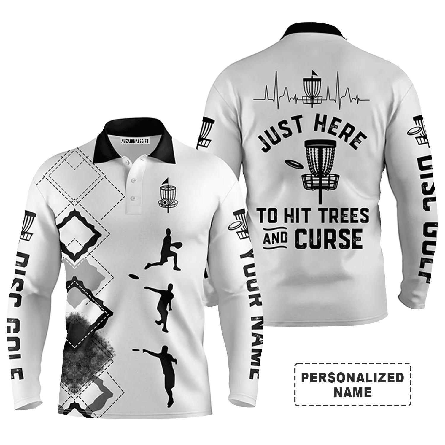 Custom Golf Long Sleeve Men Polo Shirt - Custom Name Just Here to Hit Trees And Curse Men Polo Shirt - Perfect Polo Shirt For Men, Disc Golf Lover - Image 2