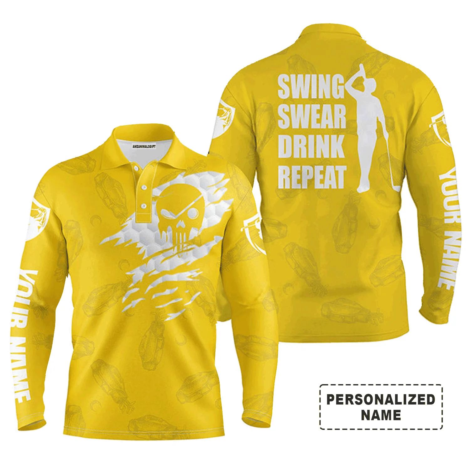 Custom Golf Long Sleeve Men Polo Shirt - Custom Name Multicolor Golf Clubs Pattern - Swing Swear Drink Repeat Men Polo Shirt For Golf Lover - Image 10