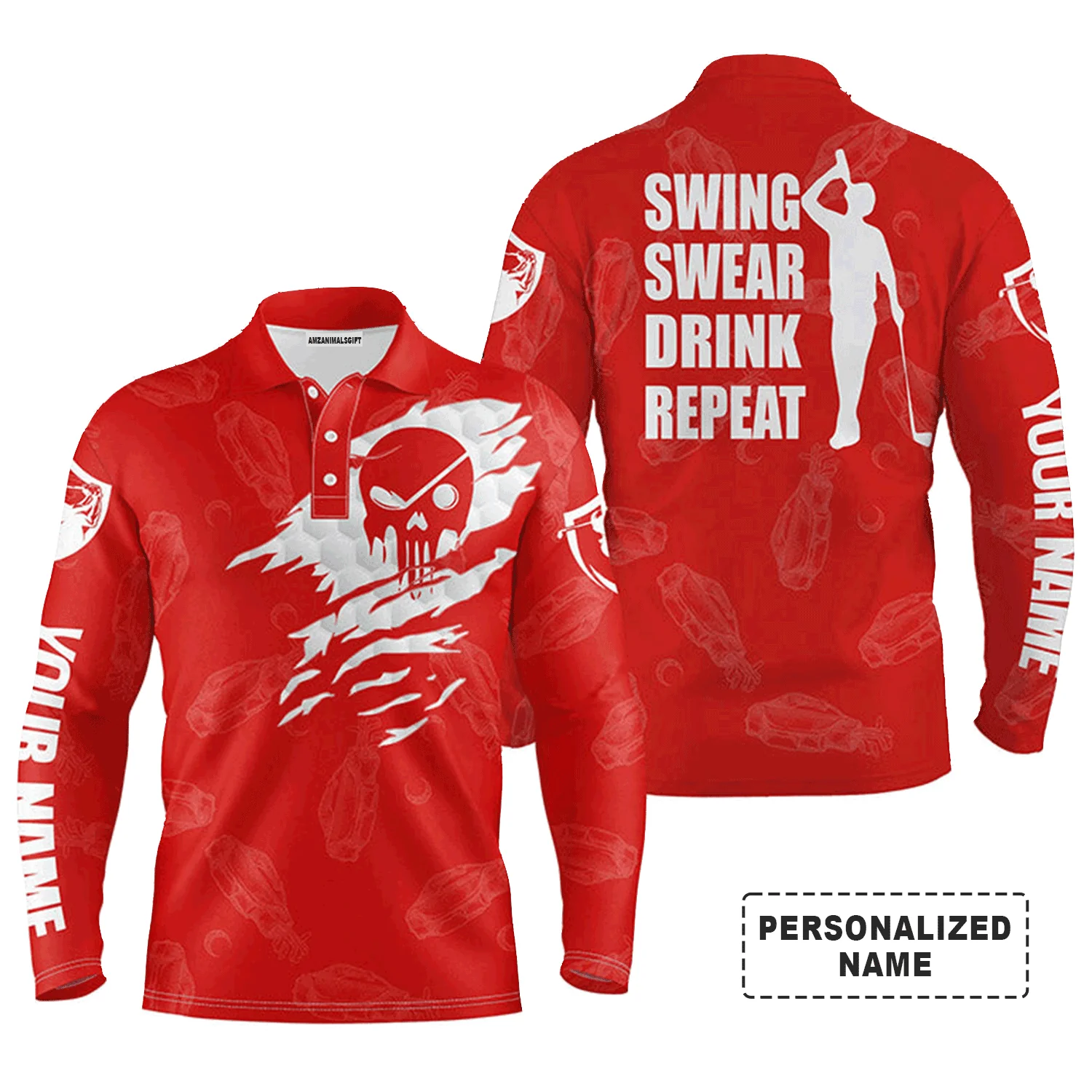 Custom Golf Long Sleeve Men Polo Shirt - Custom Name Multicolor Golf Clubs Pattern - Swing Swear Drink Repeat Men Polo Shirt For Golf Lover - Image 11