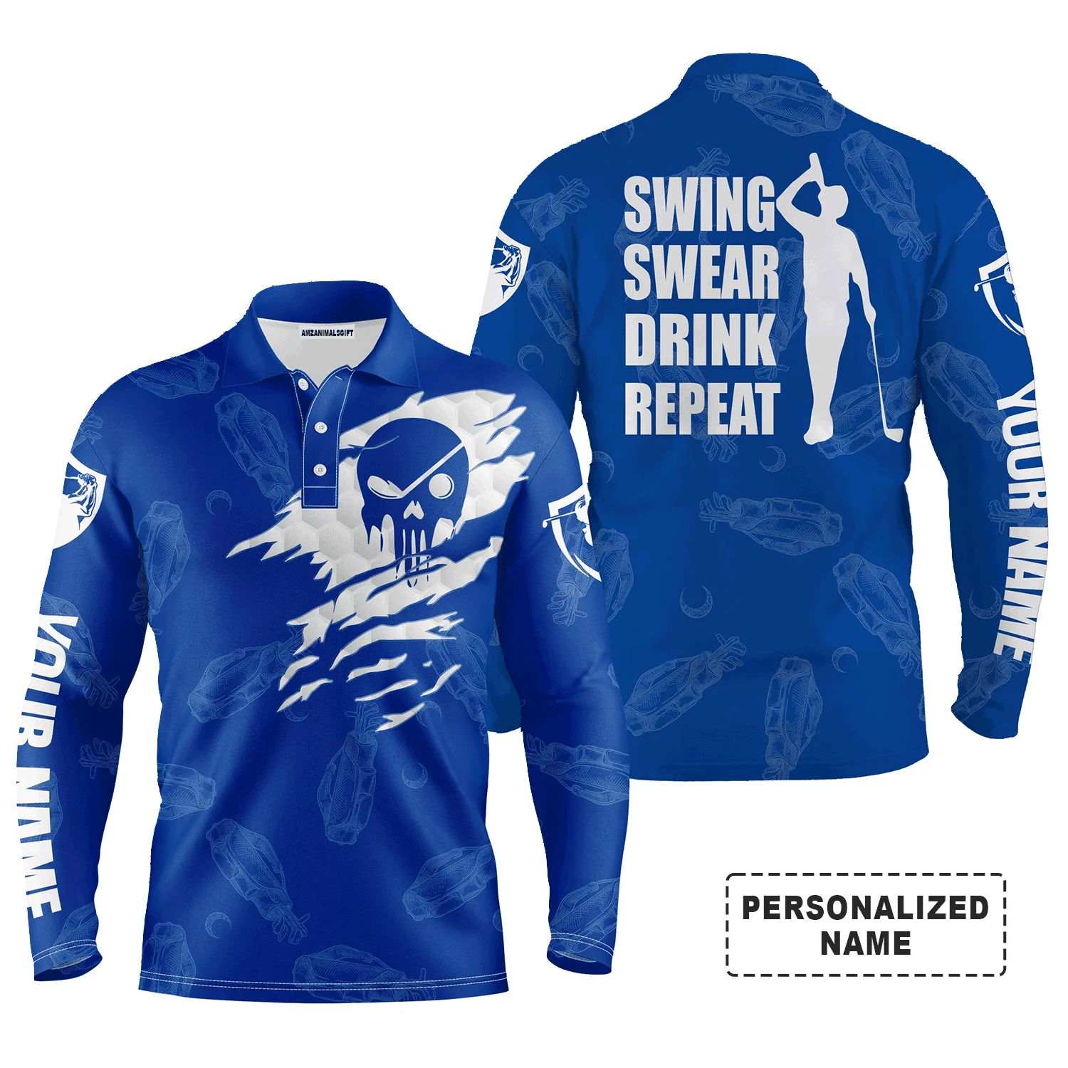 Custom Golf Long Sleeve Men Polo Shirt - Custom Name Multicolor Golf Clubs Pattern - Swing Swear Drink Repeat Men Polo Shirt For Golf Lover - Image 12