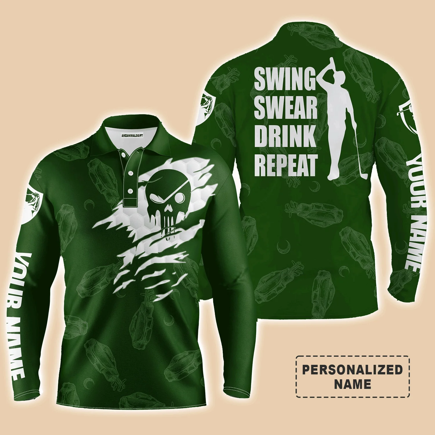 Custom Golf Long Sleeve Men Polo Shirt - Custom Name Multicolor Golf Clubs Pattern - Swing Swear Drink Repeat Men Polo Shirt For Golf Lover - Image 2
