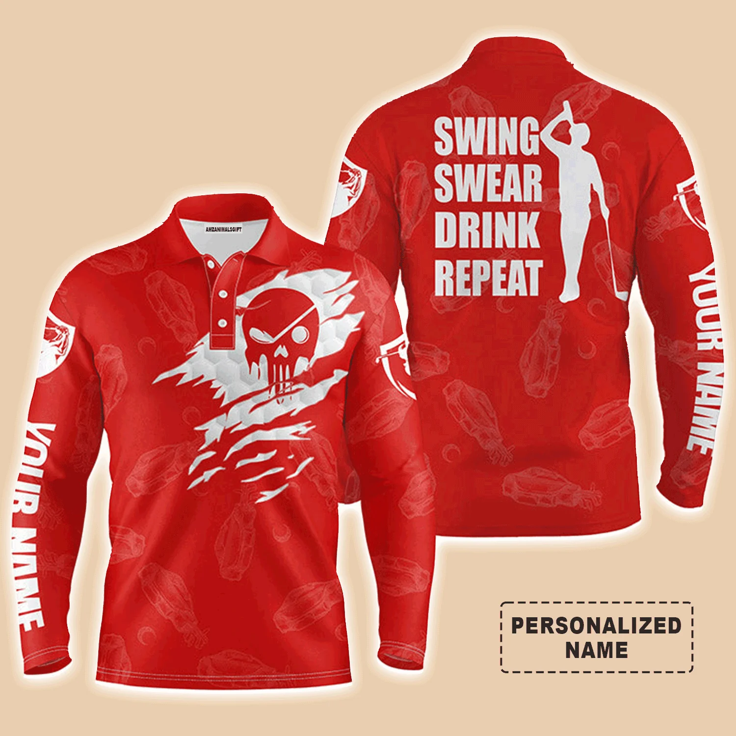 Custom Golf Long Sleeve Men Polo Shirt - Custom Name Multicolor Golf Clubs Pattern - Swing Swear Drink Repeat Men Polo Shirt For Golf Lover - Image 3