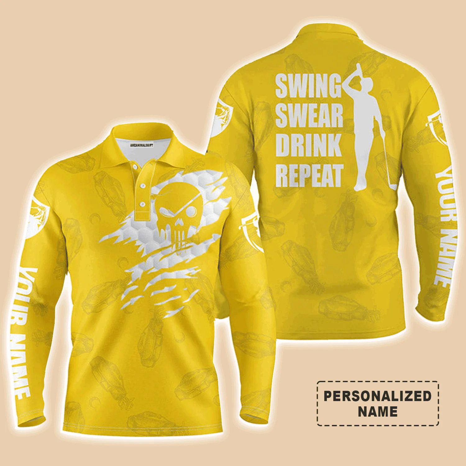 Custom Golf Long Sleeve Men Polo Shirt - Custom Name Multicolor Golf Clubs Pattern - Swing Swear Drink Repeat Men Polo Shirt For Golf Lover - Image 4
