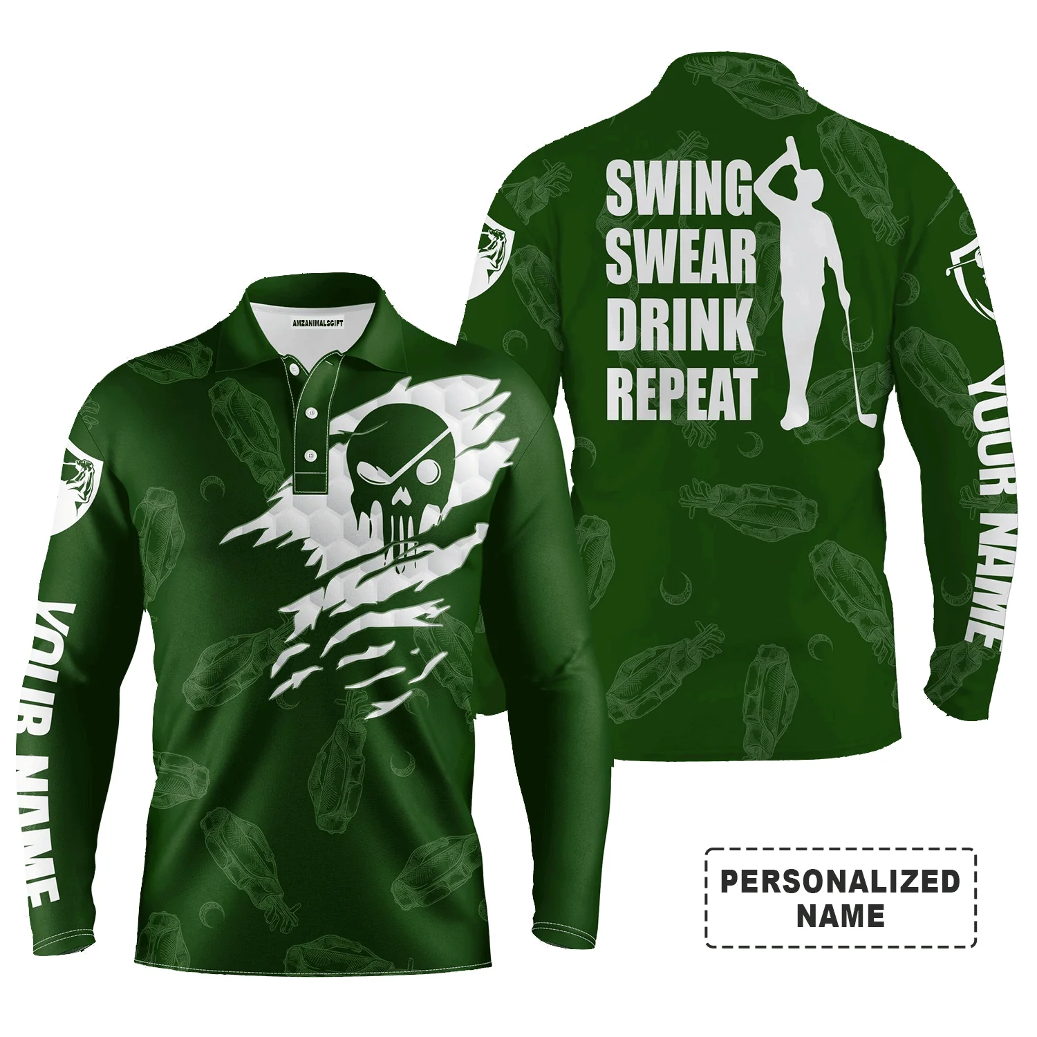 Custom Golf Long Sleeve Men Polo Shirt - Custom Name Multicolor Golf Clubs Pattern - Swing Swear Drink Repeat Men Polo Shirt For Golf Lover - Image 9