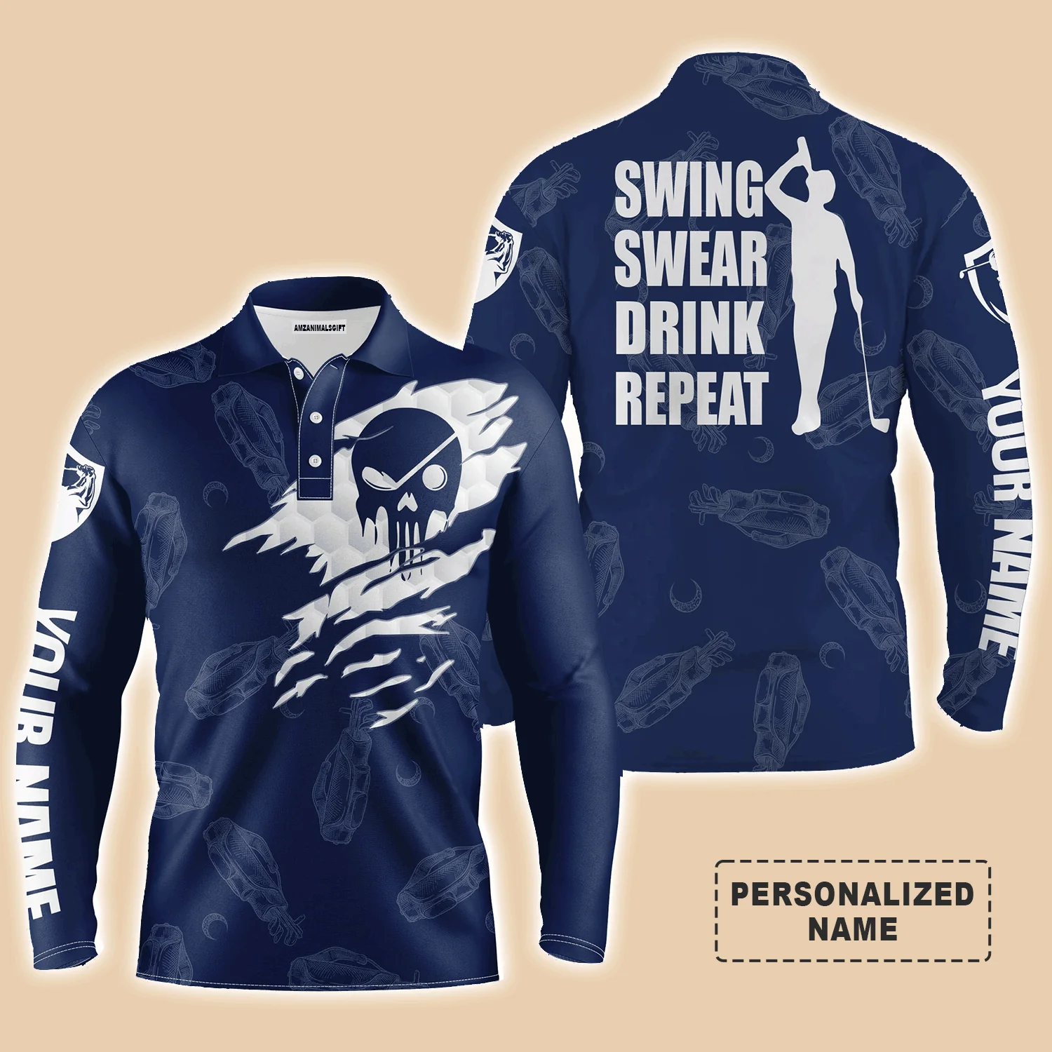 Custom Golf Long Sleeve Men Polo Shirt - Custom Name Multicolor Golf Clubs Pattern - Swing Swear Drink Repeat Men Polo Shirt For Golf Lover - Image 3