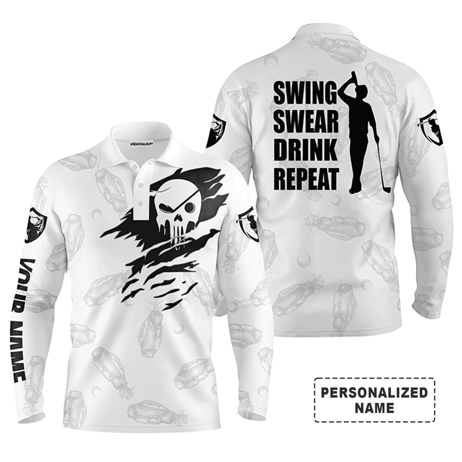 Custom Golf Long Sleeve Men Polo Shirt - Custom Name Multicolor Golf Clubs Pattern - Swing Swear Drink Repeat Men Polo Shirt For Golf Lover - Image 7