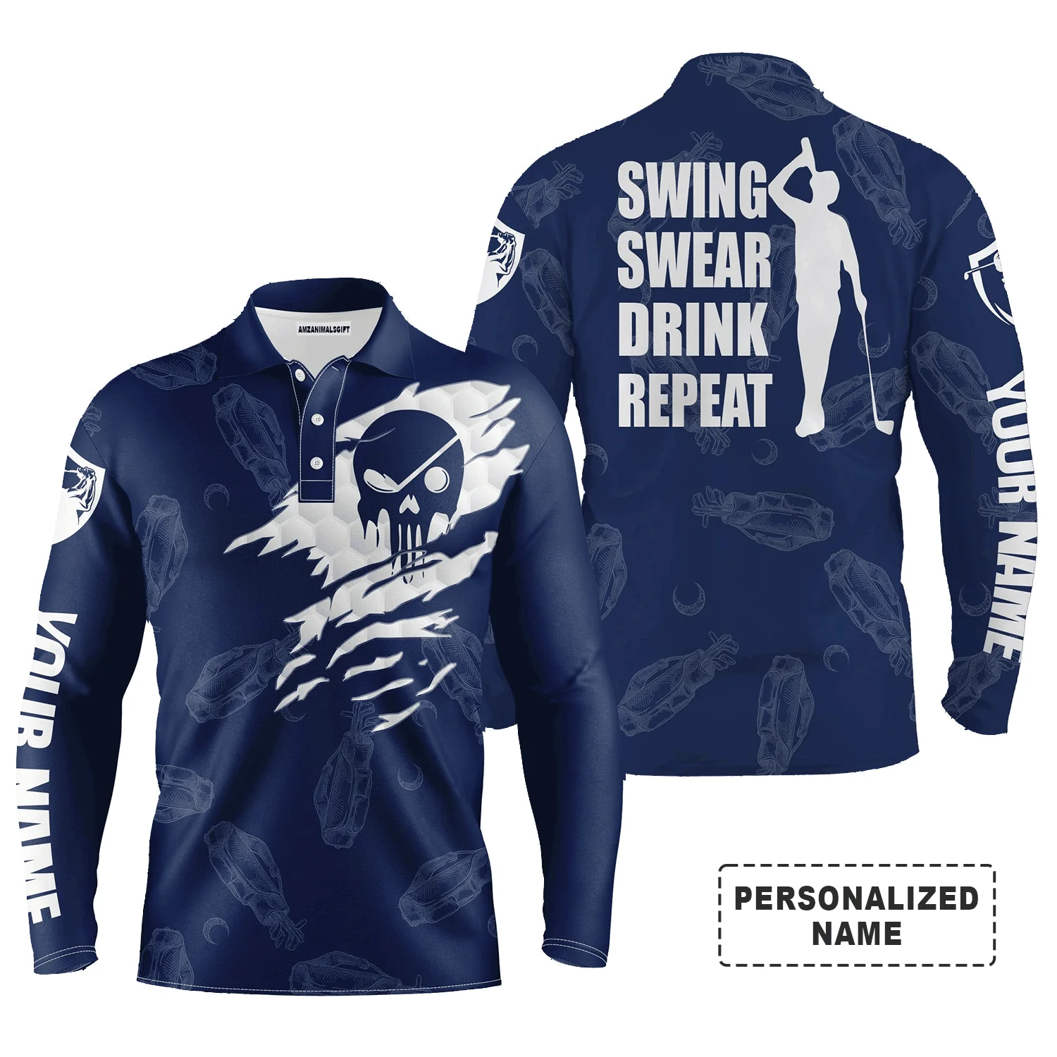Custom Golf Long Sleeve Men Polo Shirt - Custom Name Multicolor Golf Clubs Pattern - Swing Swear Drink Repeat Men Polo Shirt For Golf Lover - Image 8