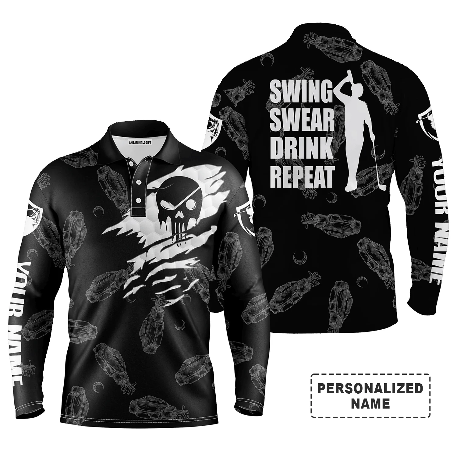 Custom Golf Long Sleeve Men Polo Shirt - Custom Name Multicolor Golf Clubs Pattern - Swing Swear Drink Repeat Men Polo Shirt For Golf Lover - Image 9