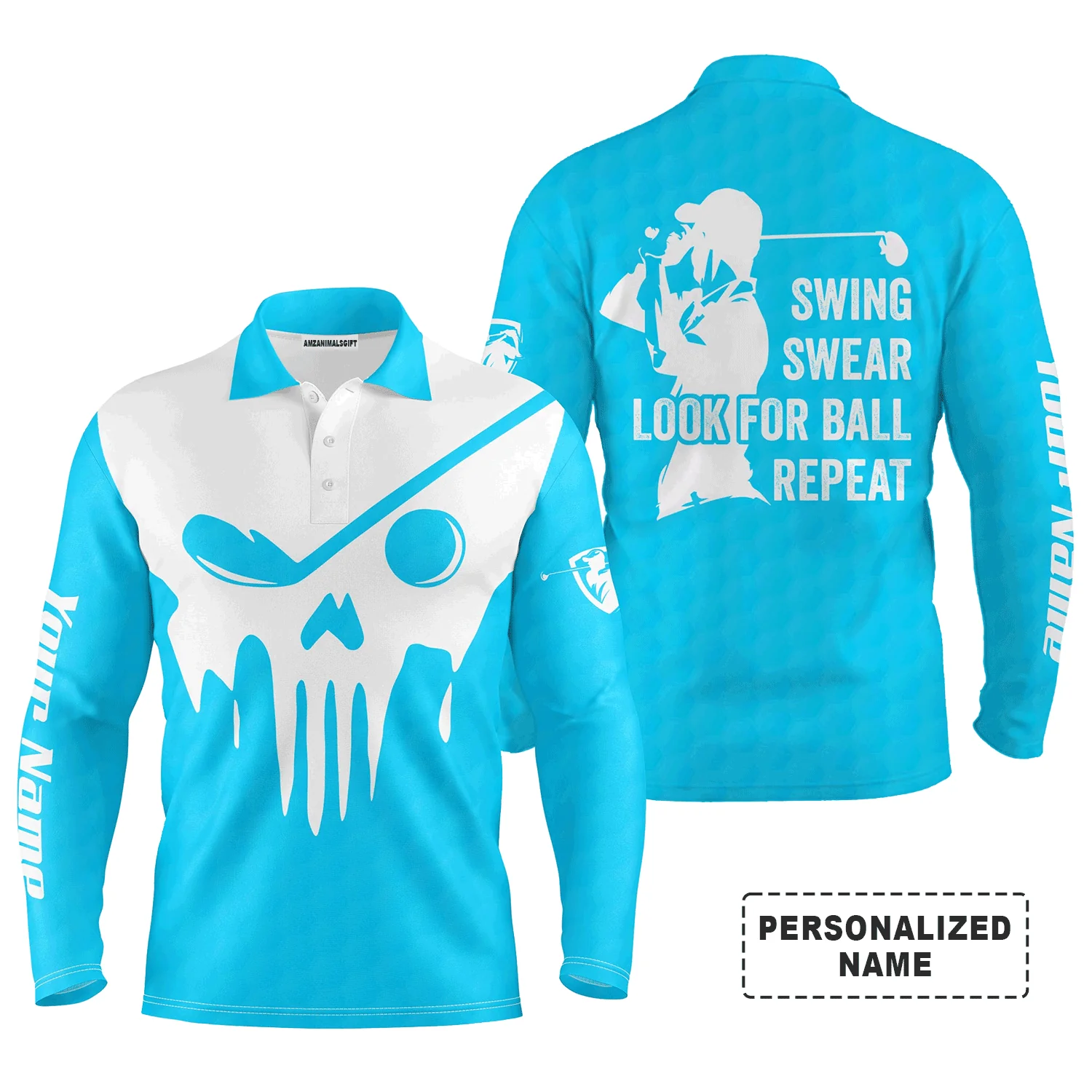 Custom Golf Long Sleeve Men Polo Shirt- Custom Name Multicolor Golf Skull - Swing Swear Look For Ball Repeat Men Polo Shirt For Golf Lover - Image 13