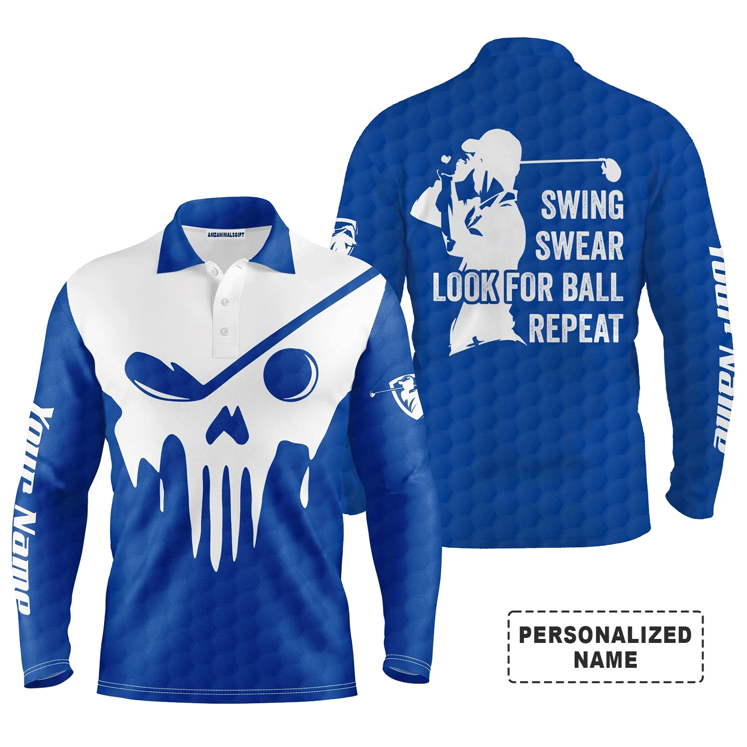 Custom Golf Long Sleeve Men Polo Shirt- Custom Name Multicolor Golf Skull - Swing Swear Look For Ball Repeat Men Polo Shirt For Golf Lover - Image 17