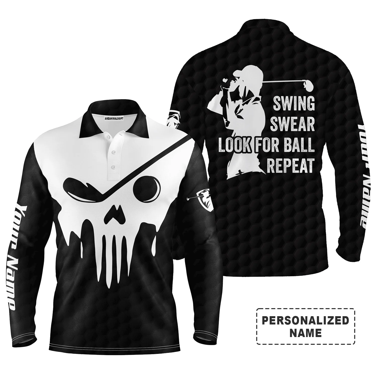 Custom Golf Long Sleeve Men Polo Shirt- Custom Name Multicolor Golf Skull - Swing Swear Look For Ball Repeat Men Polo Shirt For Golf Lover - Image 18