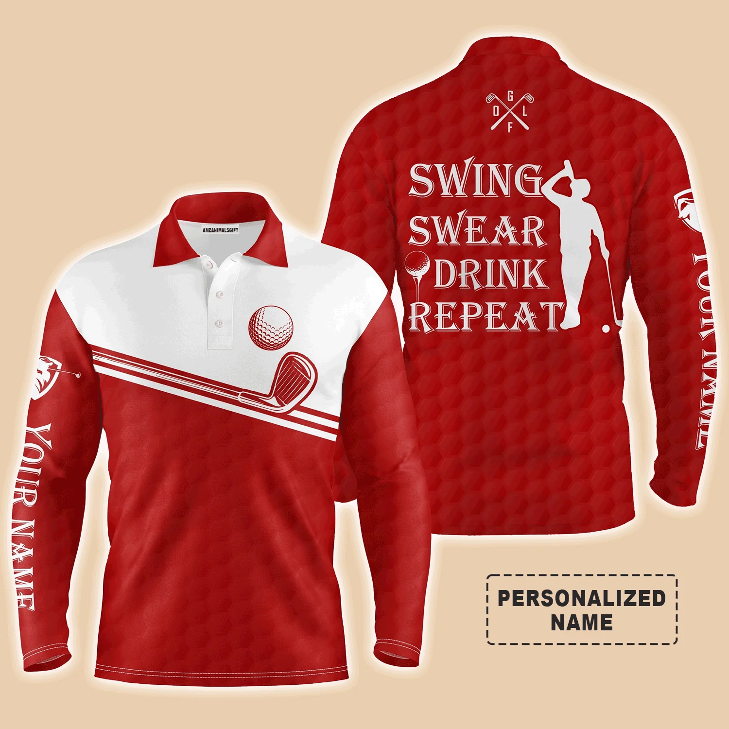 Custom Golf Long Sleeve Men Polo Shirt, Custom Name Multicolor Swing Swear Drink Repeat Apparel- Perfect Gifts For Men, Golf Lover - Image 5