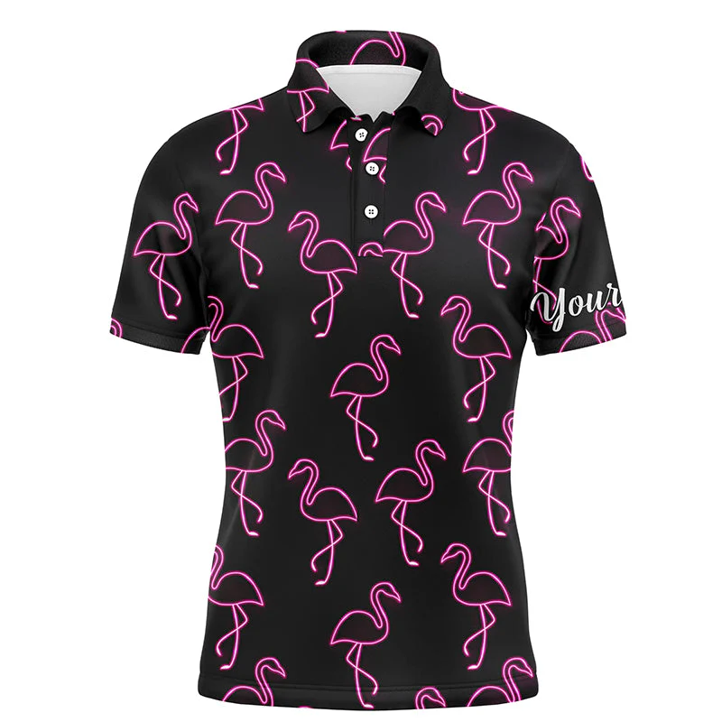 Custom Golf Long Sleeve Men Polo Shirt - Custom Name Neon Pink Flamingos Pattern Apparel Polo Shirt - Personalized Gift For Golf Lover, Team, Husband - Image 3