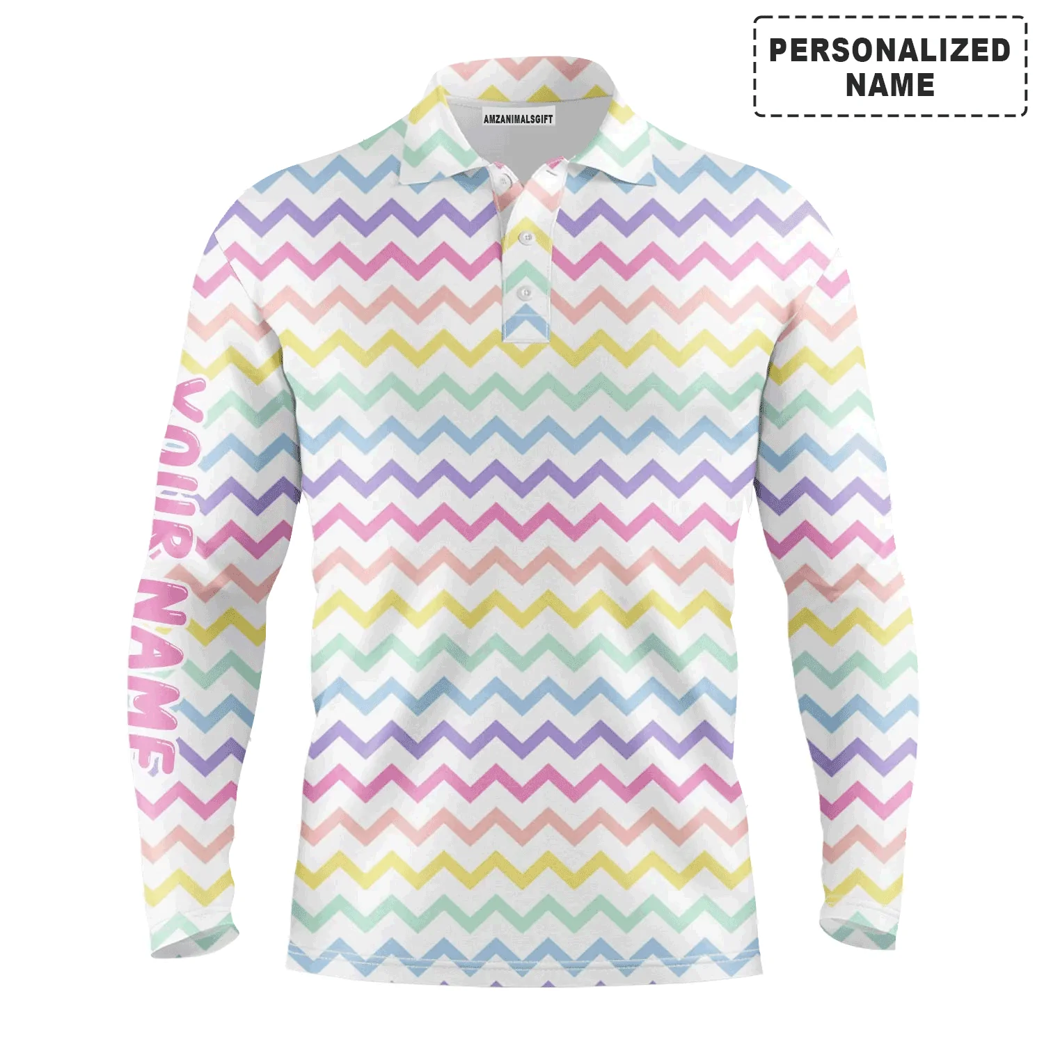Custom Golf Long Sleeve Men Polo Shirt - Custom Name Rainbow Colors Pattern Apparel - Personalized Gift For Golf Lover, Team, Husband, Boyfriend, Men - Image 2