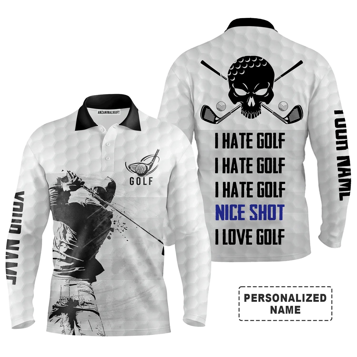Custom Golf Long Sleeve Men Polo Shirt - Custom Name Skull,I Hate Golf Nice Shot I Love Golf Men Polo Shirt - Perfect Polo Shirt For Men, Golf Lover - Image 2