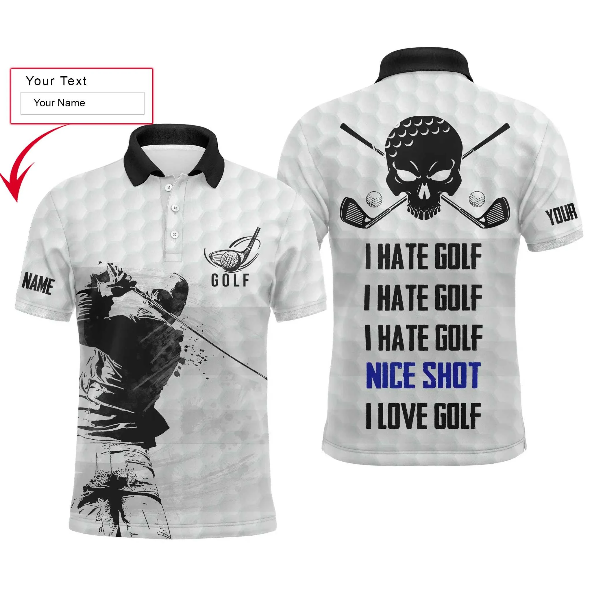 Custom Golf Long Sleeve Men Polo Shirt - Custom Name Skull,I Hate Golf Nice Shot I Love Golf Men Polo Shirt - Perfect Polo Shirt For Men, Golf Lover - Image 3