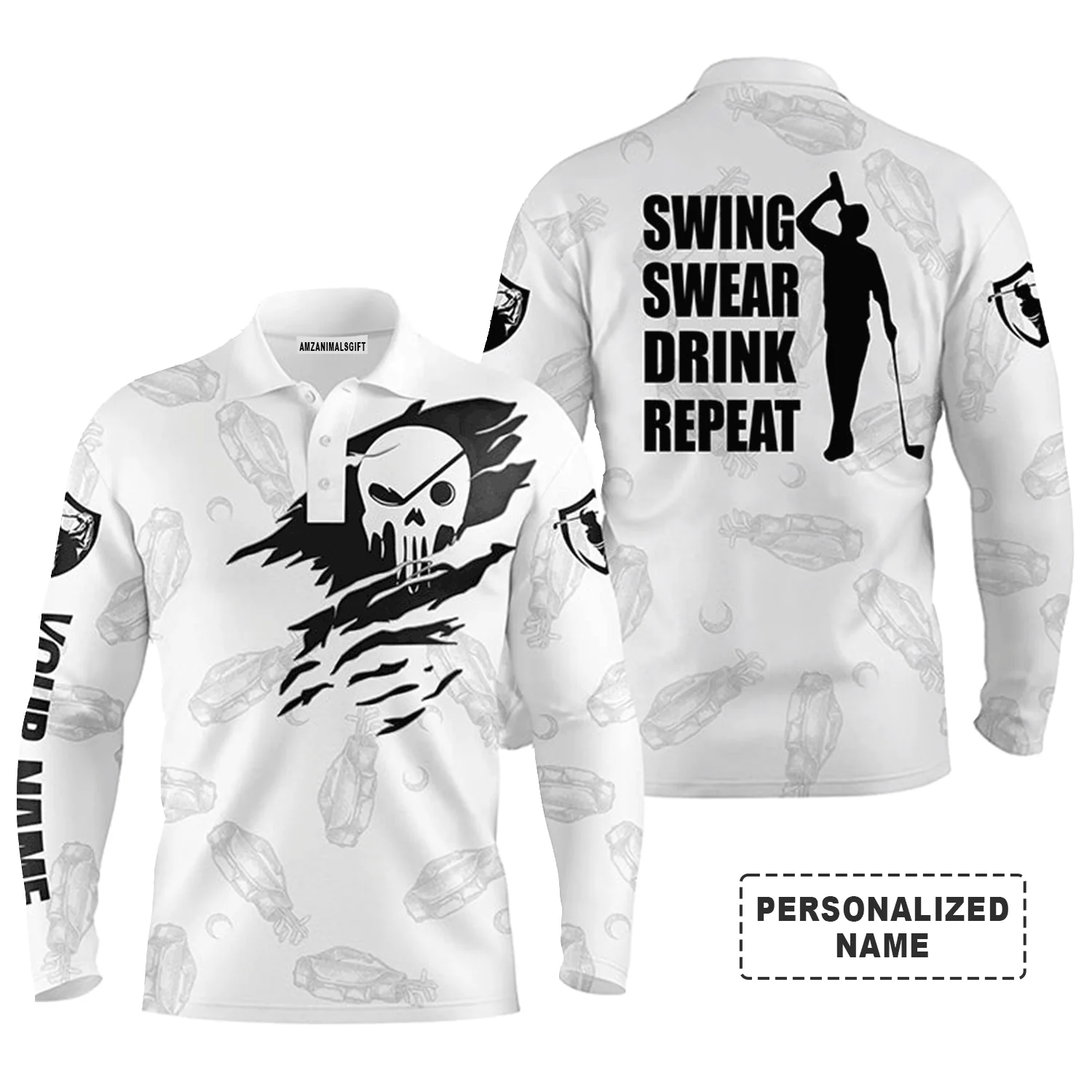 Custom Golf Long Sleeve Men Polo Shirt- Custom Name Skull - Swing Swear Drink Repeat Men Polo Shirt - Perfect Polo Shirt For Men, Golf Lover - Image 2