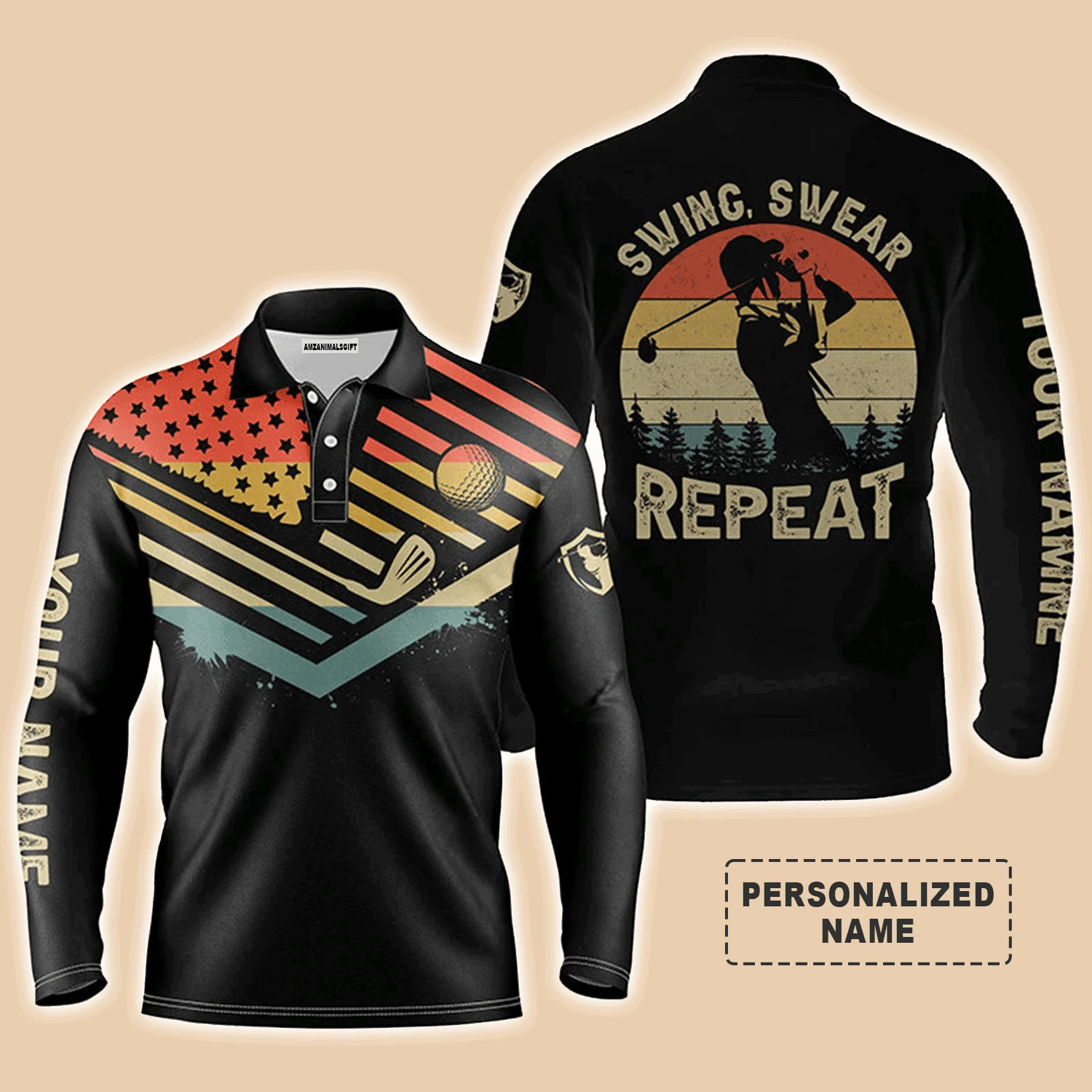 Custom Golf Long Sleeve Men Polo Shirt - Custom Name Vintage American Flag Apparel - Swing Swear Repeat Polo Shirt For Men, Golf Lover