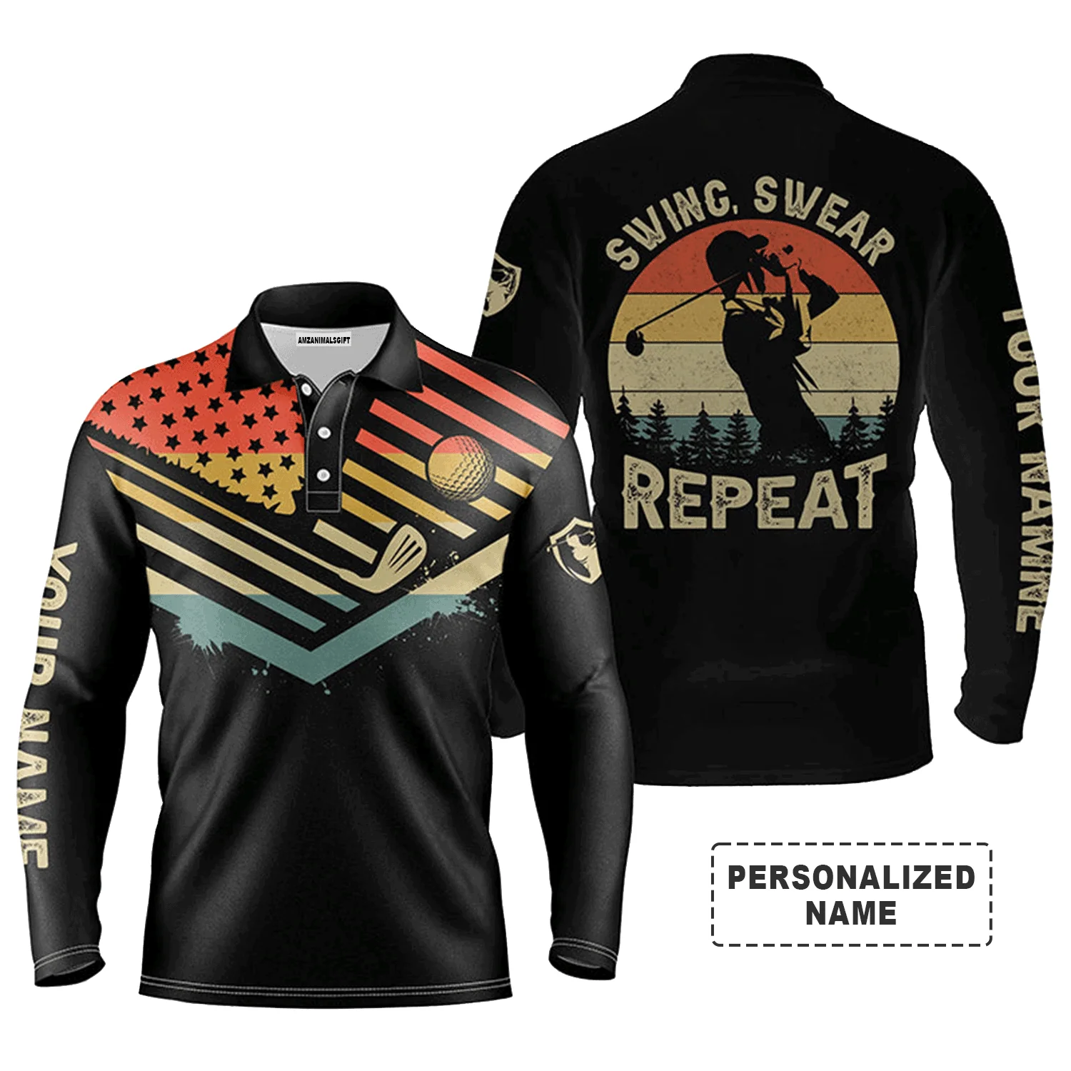 Custom Golf Long Sleeve Men Polo Shirt - Custom Name Vintage American Flag Apparel - Swing Swear Repeat Polo Shirt For Men, Golf Lover - Image 2