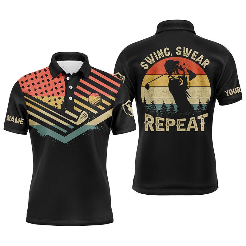 Custom Golf Long Sleeve Men Polo Shirt - Custom Name Vintage American Flag Apparel - Swing Swear Repeat Polo Shirt For Men, Golf Lover - Image 3