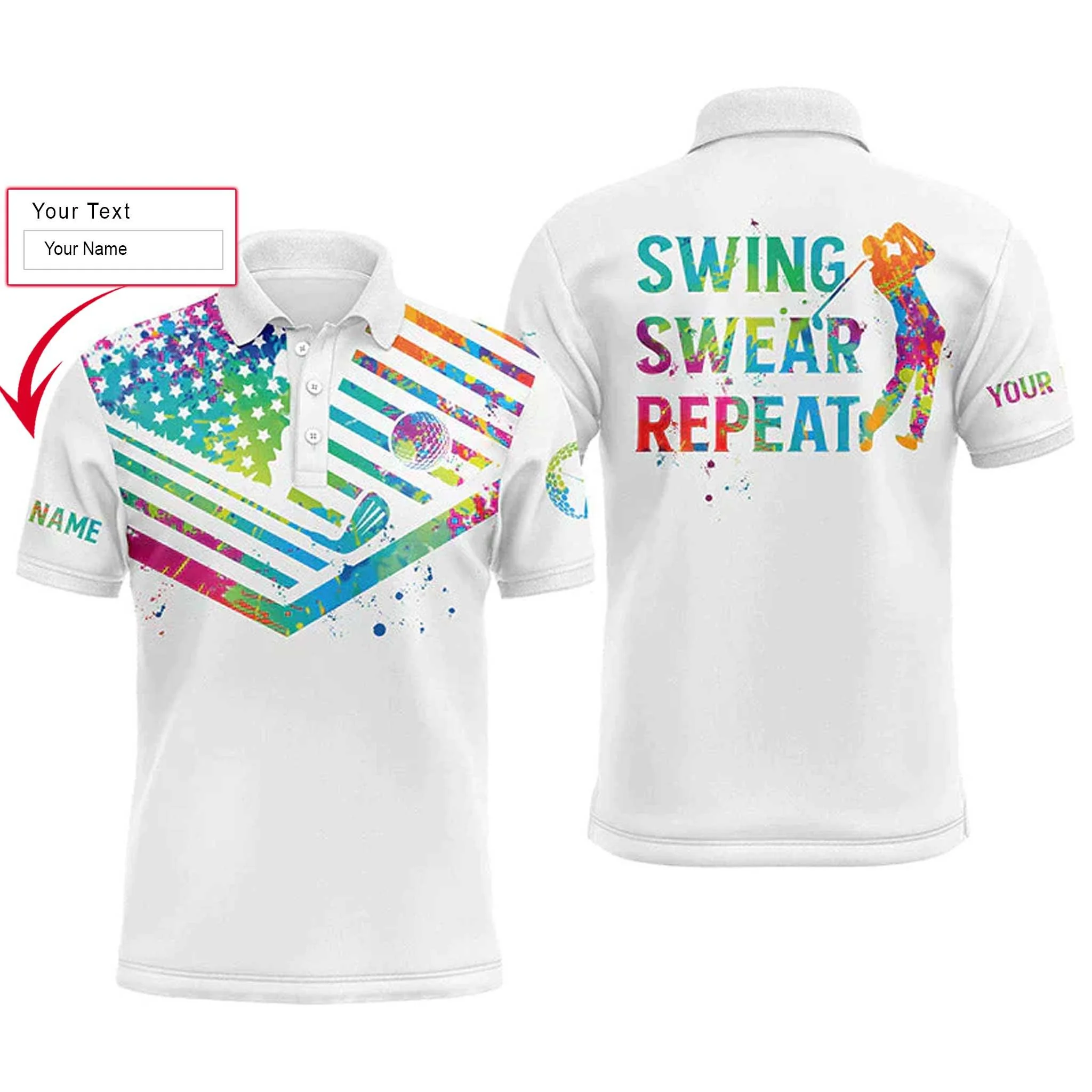 Custom Golf Long Sleeve Men Polo Shirt, Custom Name Watercolor American Flag Swing Swear Repeat Apparel - Perfect Gift For Men, Golf Lover - Image 10