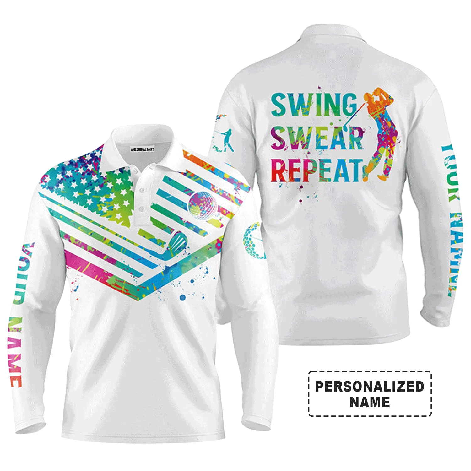 Custom Golf Long Sleeve Men Polo Shirt, Custom Name Watercolor American Flag Swing Swear Repeat Apparel - Perfect Gift For Men, Golf Lover - Image 11