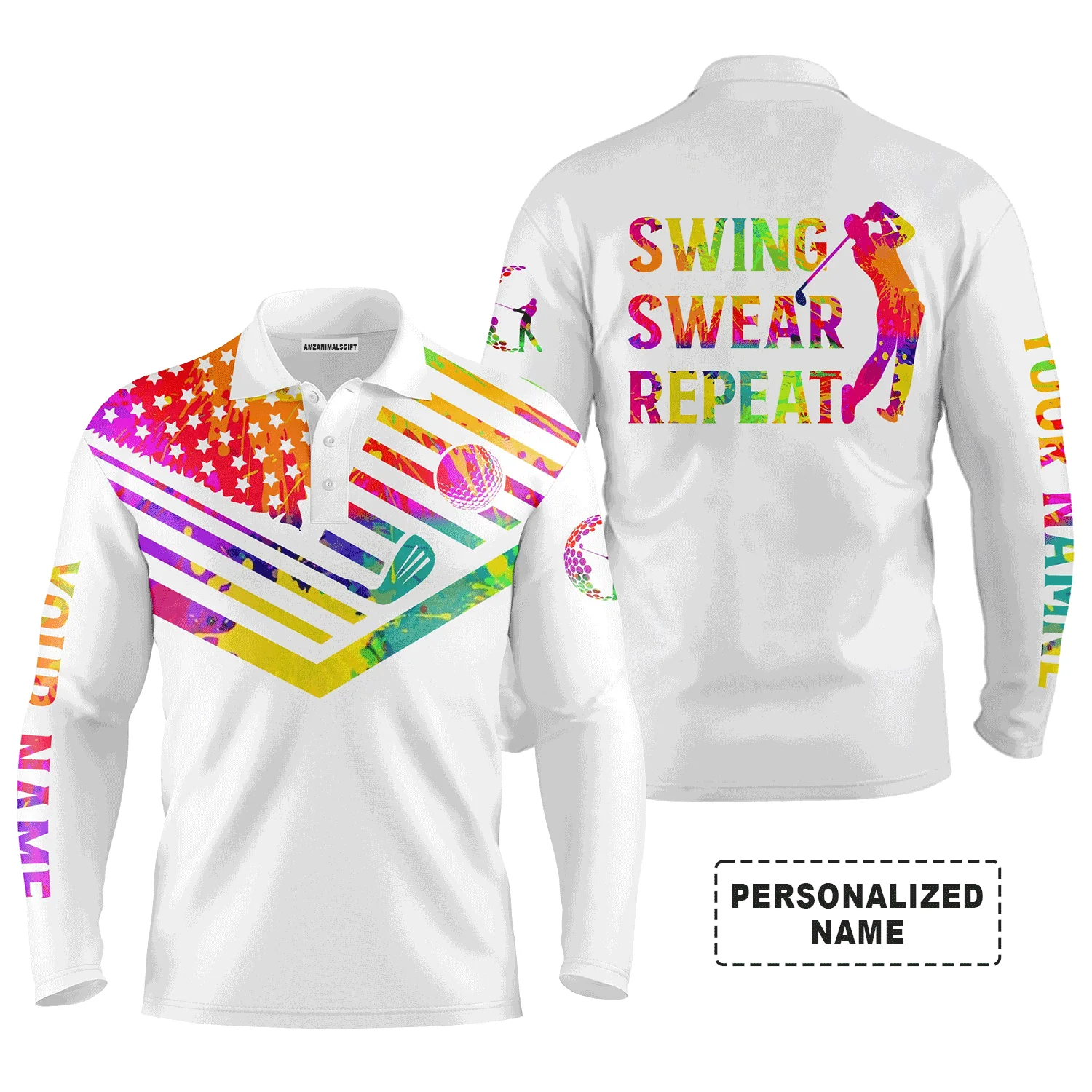 Custom Golf Long Sleeve Men Polo Shirt, Custom Name Watercolor American Flag Swing Swear Repeat Apparel - Perfect Gift For Men, Golf Lover - Image 12