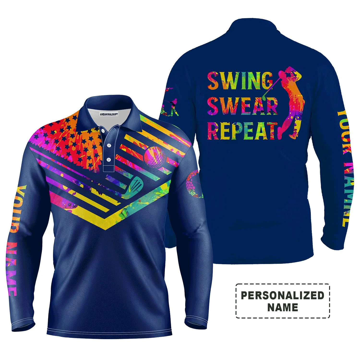 Custom Golf Long Sleeve Men Polo Shirt, Custom Name Watercolor American Flag Swing Swear Repeat Apparel - Perfect Gift For Men, Golf Lover - Image 14