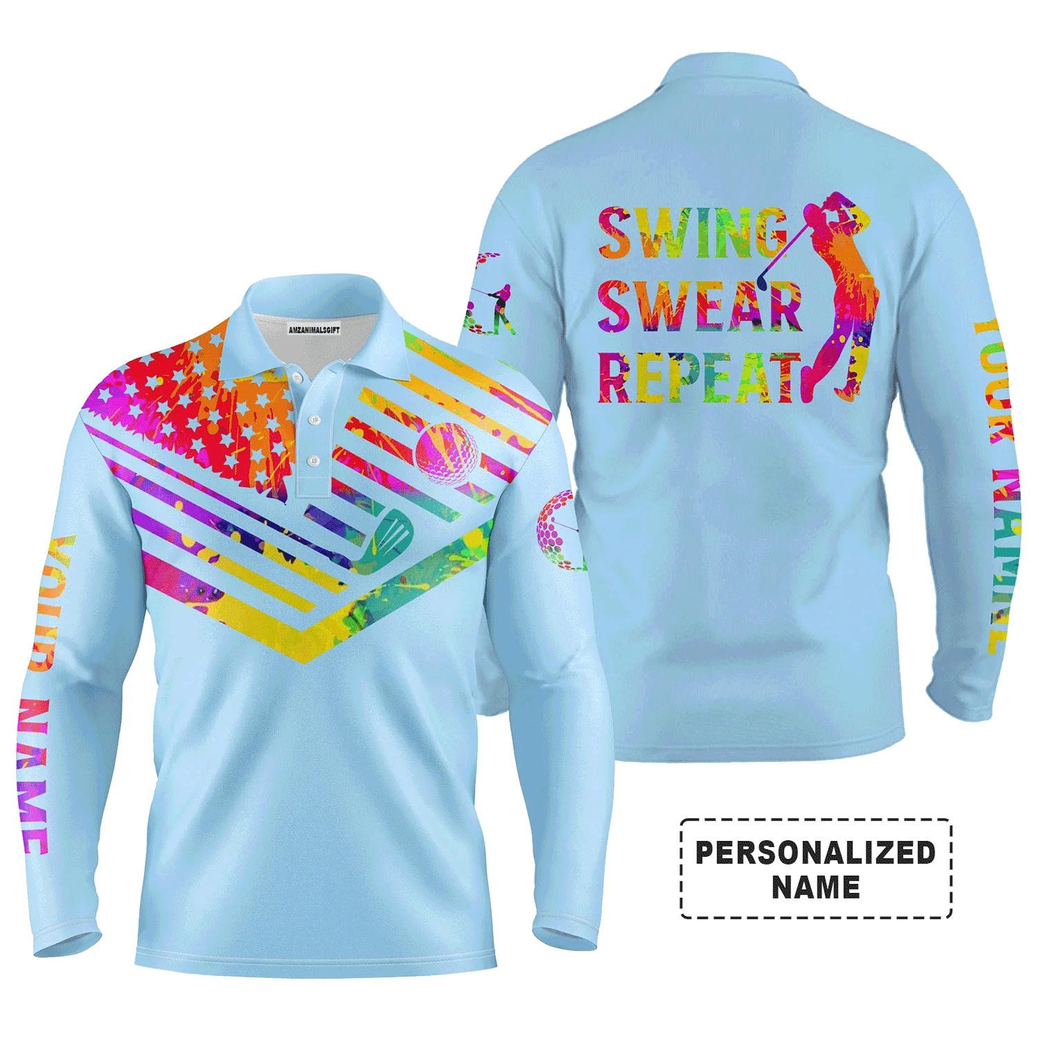 Custom Golf Long Sleeve Men Polo Shirt, Custom Name Watercolor American Flag Swing Swear Repeat Apparel - Perfect Gift For Men, Golf Lover - Image 15