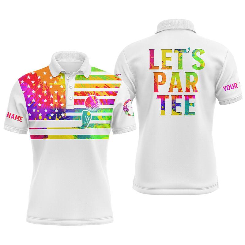 Custom Golf Long Sleeve Men Polo Shirt - Custom Name Watercolor American Flag White Apparel, Let’s Par Tee Men Golf Polo Shirt - Image 3