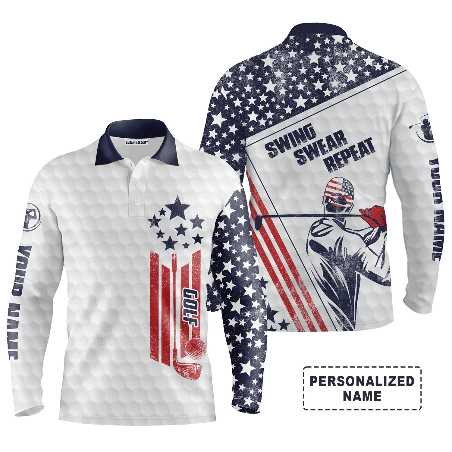 Custom Golf Long Sleeve Men Polo Shirt, Custom Name White American Flag Swing Swear Repeat Apparel- Perfect Gift For men, Golf Lover - Image 2