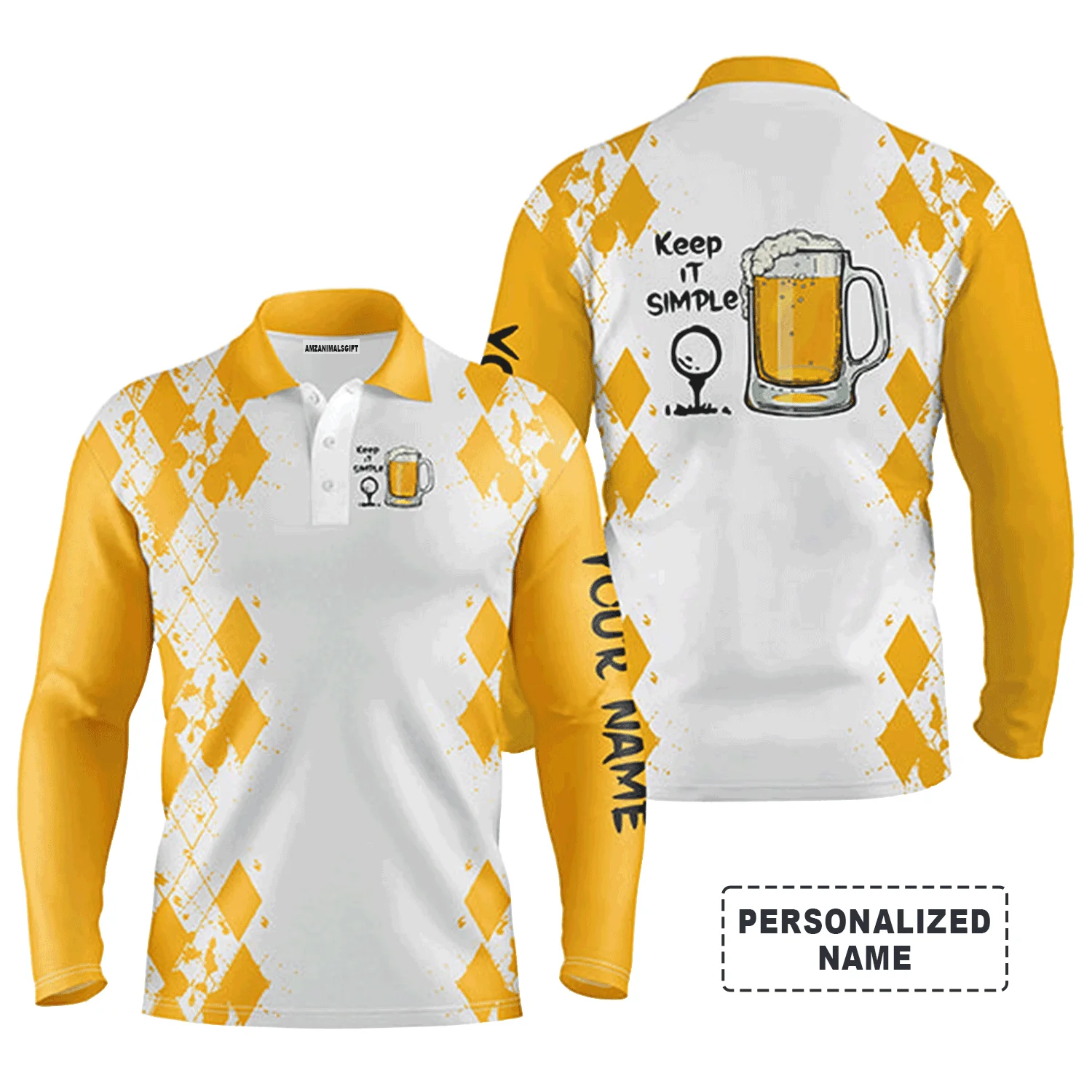 Custom Golf Long Sleeve Men Polo Shirt - Custom Name White Yellow Argyle Pattern Apparel -Keep It Simple Golf Polo Shirt For Men, Golf Lover - Image 2