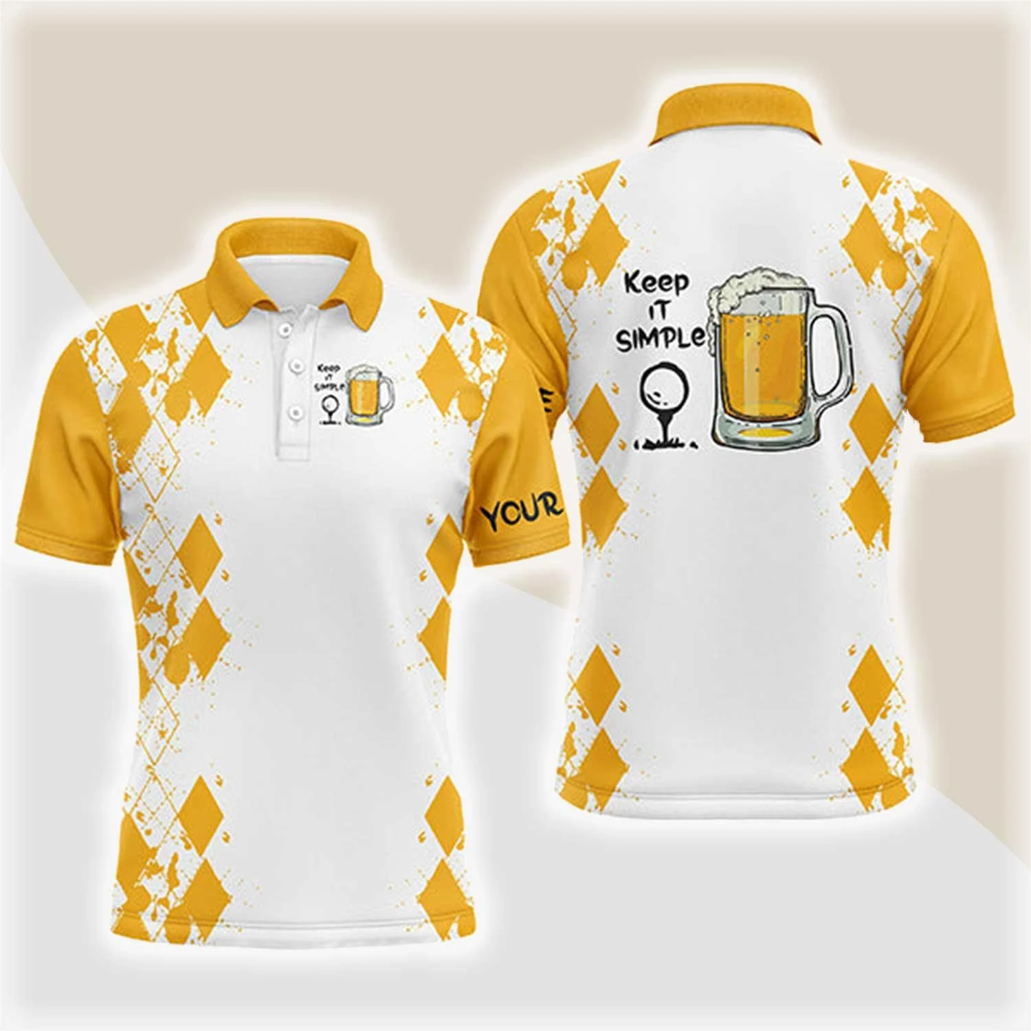 Custom Golf Long Sleeve Men Polo Shirt - Custom Name White Yellow Argyle Pattern Apparel -Keep It Simple Golf Polo Shirt For Men, Golf Lover - Image 3