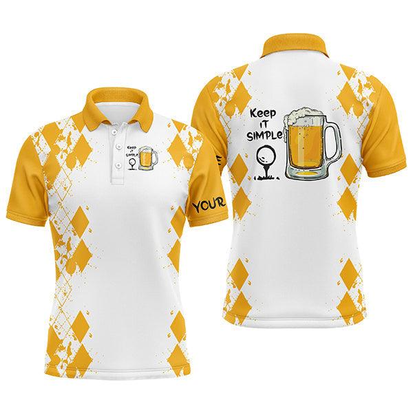 Custom Golf Long Sleeve Men Polo Shirt - Custom Name White Yellow Argyle Pattern Apparel -Keep It Simple Golf Polo Shirt For Men, Golf Lover - Image 4