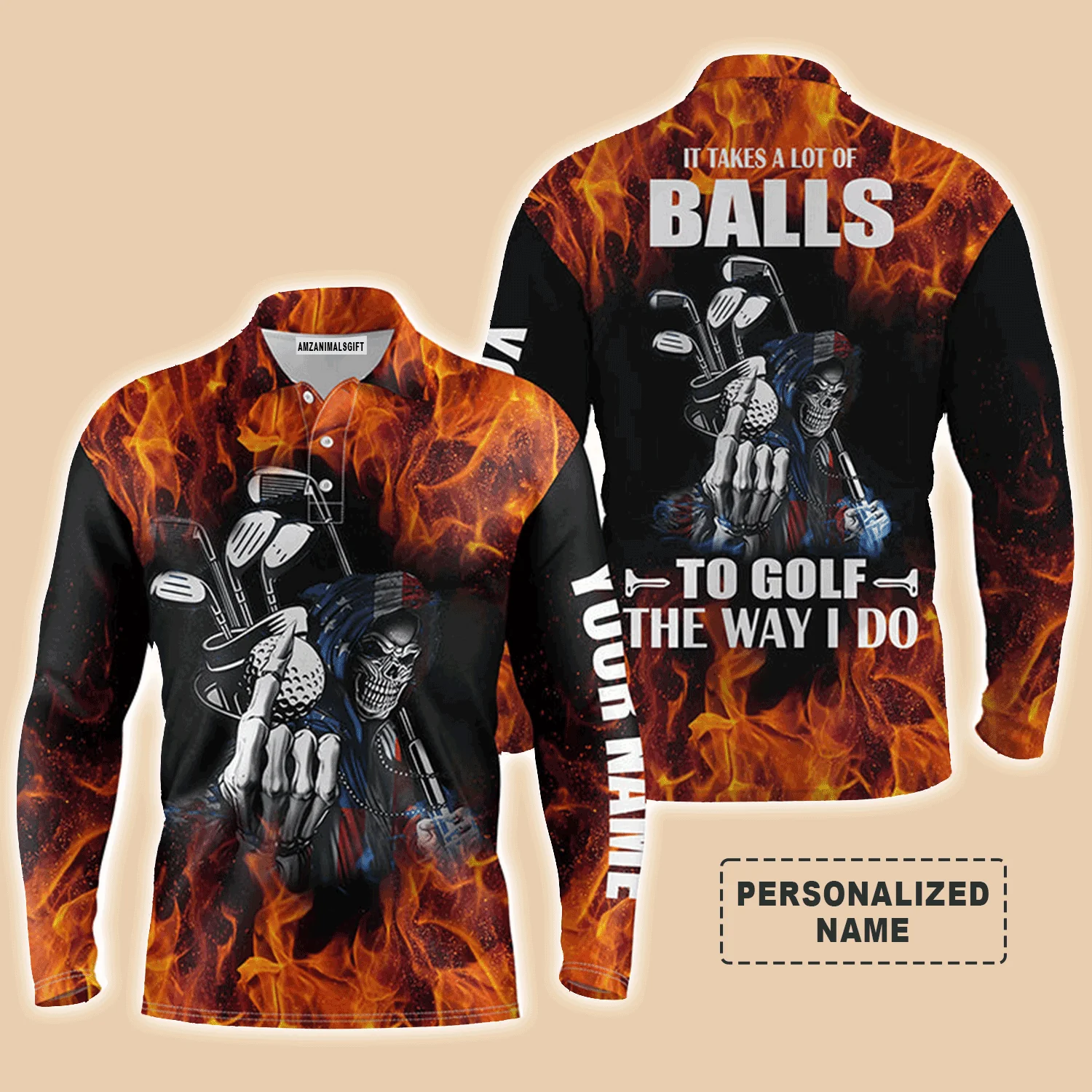 Custom Golf Long Sleeve Men Polo Shirt - Flame Skull Apparel, It Takes A Lot Of Balls To Golf The Way I Do Men Golf Polo Shirt - Perfect Polo Shirt For Men - Image 2