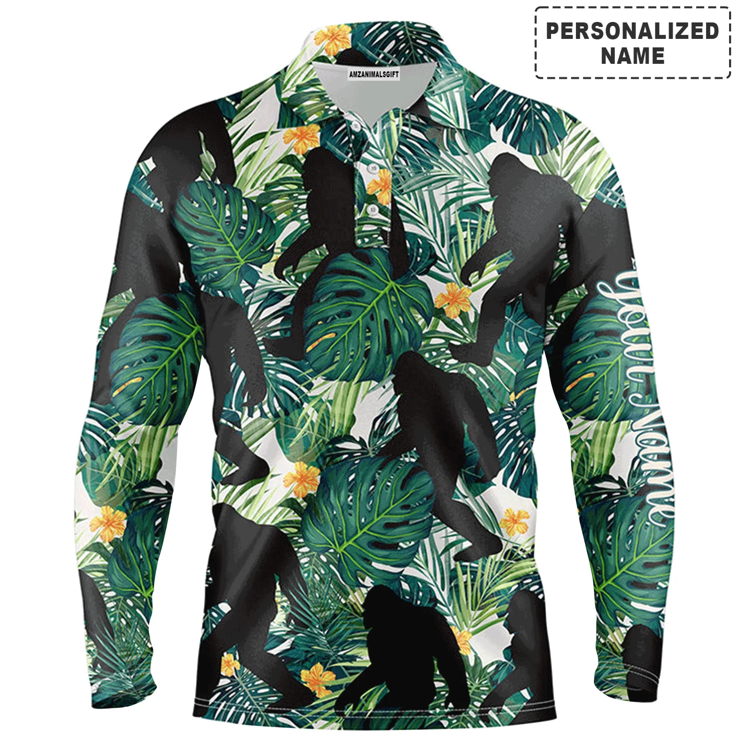 Custom Golf Long Sleeve Men Polo Shirt,Funny Bigfoot Men Polo Shirt, Custom Name Green Tropical Leaves Apparel Men Polo Shirt For Golf Lover - Image 2