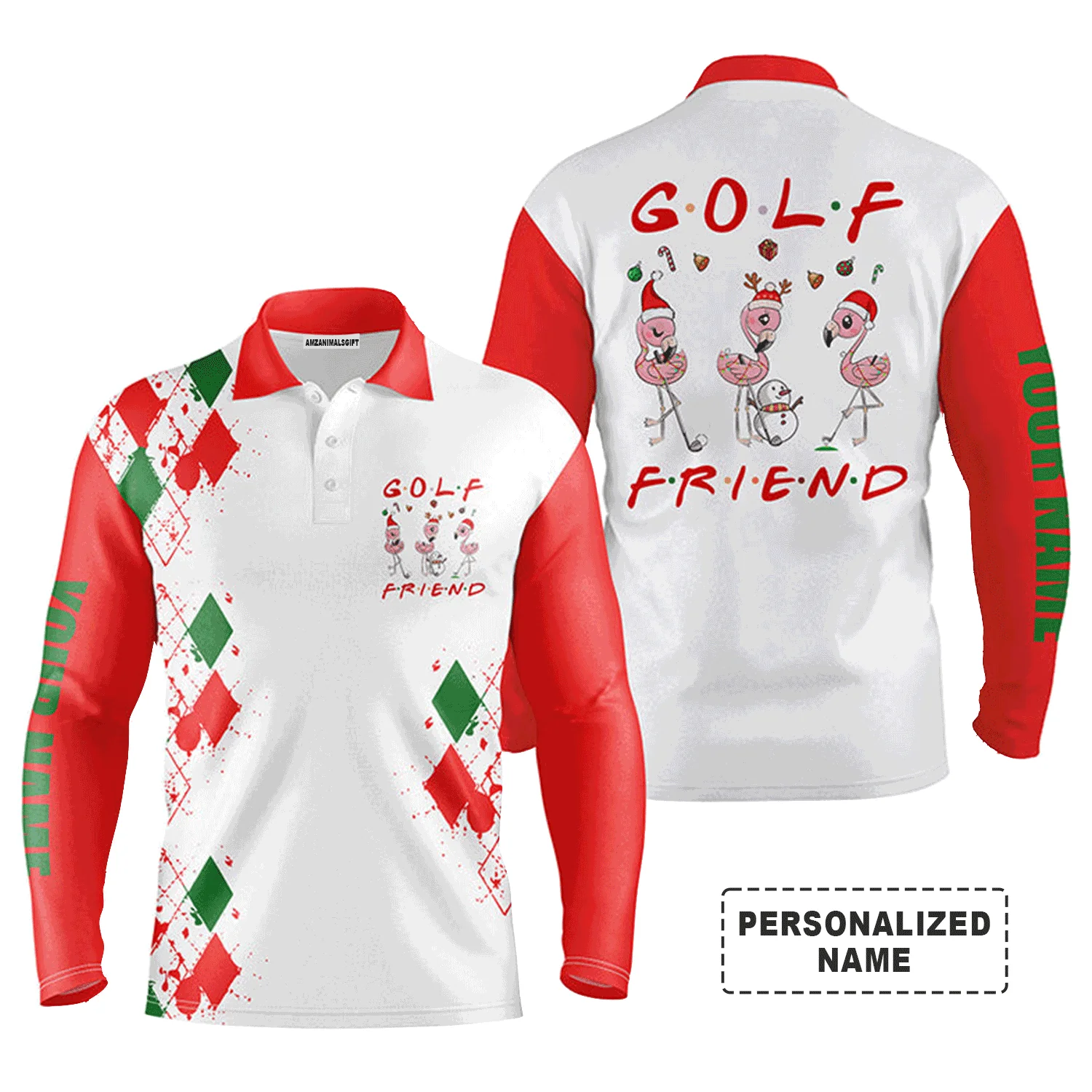 Custom Golf Long Sleeve Men Polo Shirt - Funny Christmas Custom Name Flamingo Golf Friend - Personalized Gift For Men, Golf Lover - Image 2