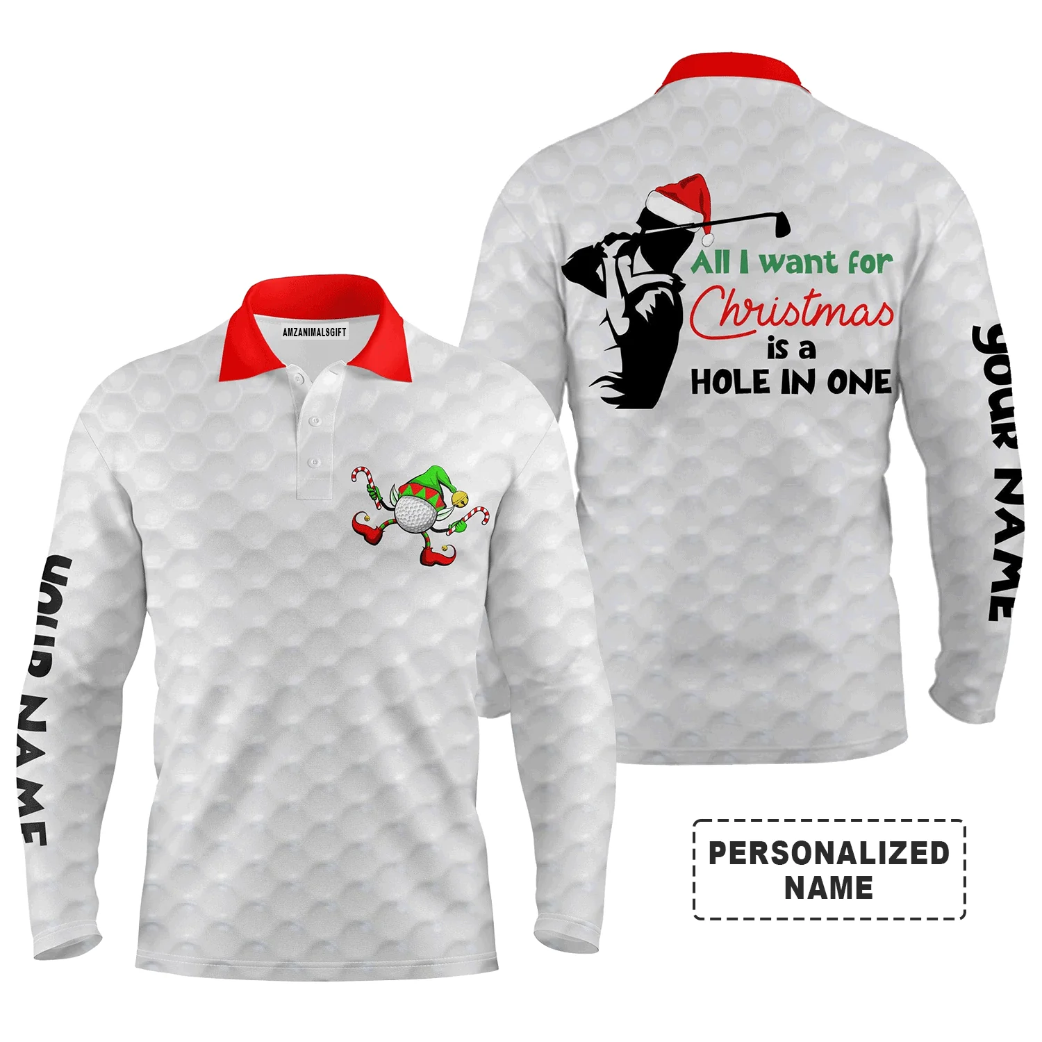 Custom Golf Long Sleeve Men Polo Shirt - Funny Christmas Golf , All I Want For Christmas Is A Hole In One Men Polo Shirt - Perfect Polo Shirt For Men - Image 2