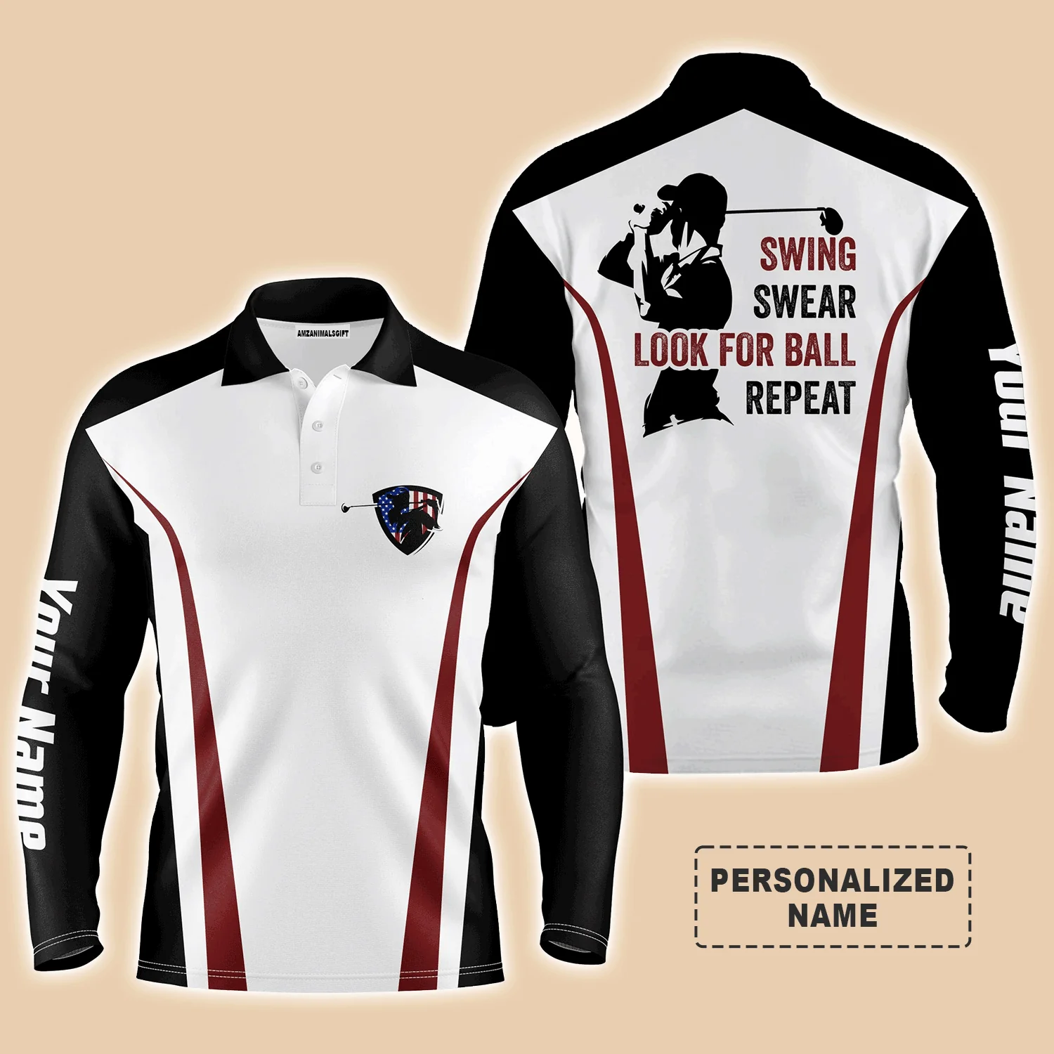 Custom Golf Long Sleeve Men Polo Shirt -Funny Custom Name Black White Red Apparel, Swing Swear Look For Ball Repeat Gift For Golf Lover
