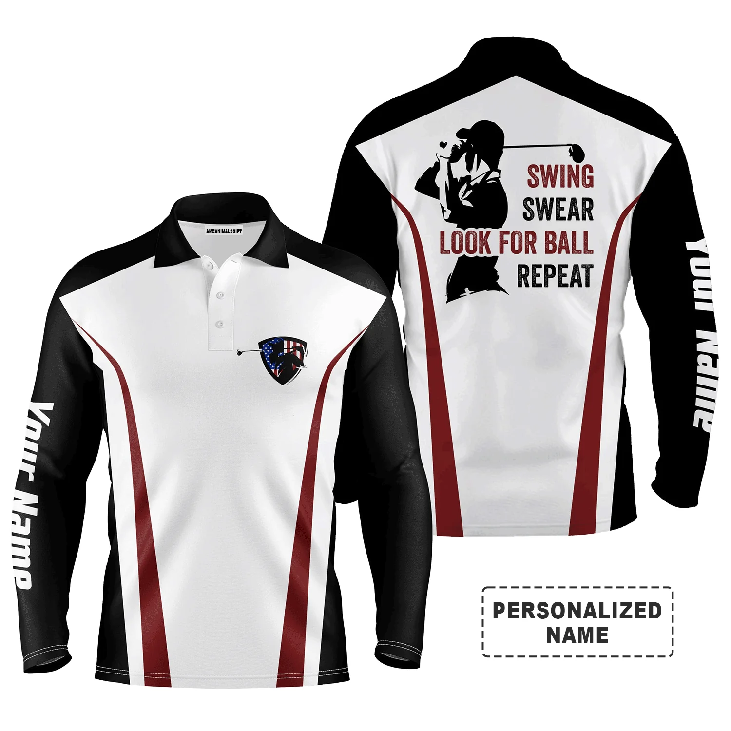 Custom Golf Long Sleeve Men Polo Shirt -Funny Custom Name Black White Red Apparel, Swing Swear Look For Ball Repeat Gift For Golf Lover - Image 2