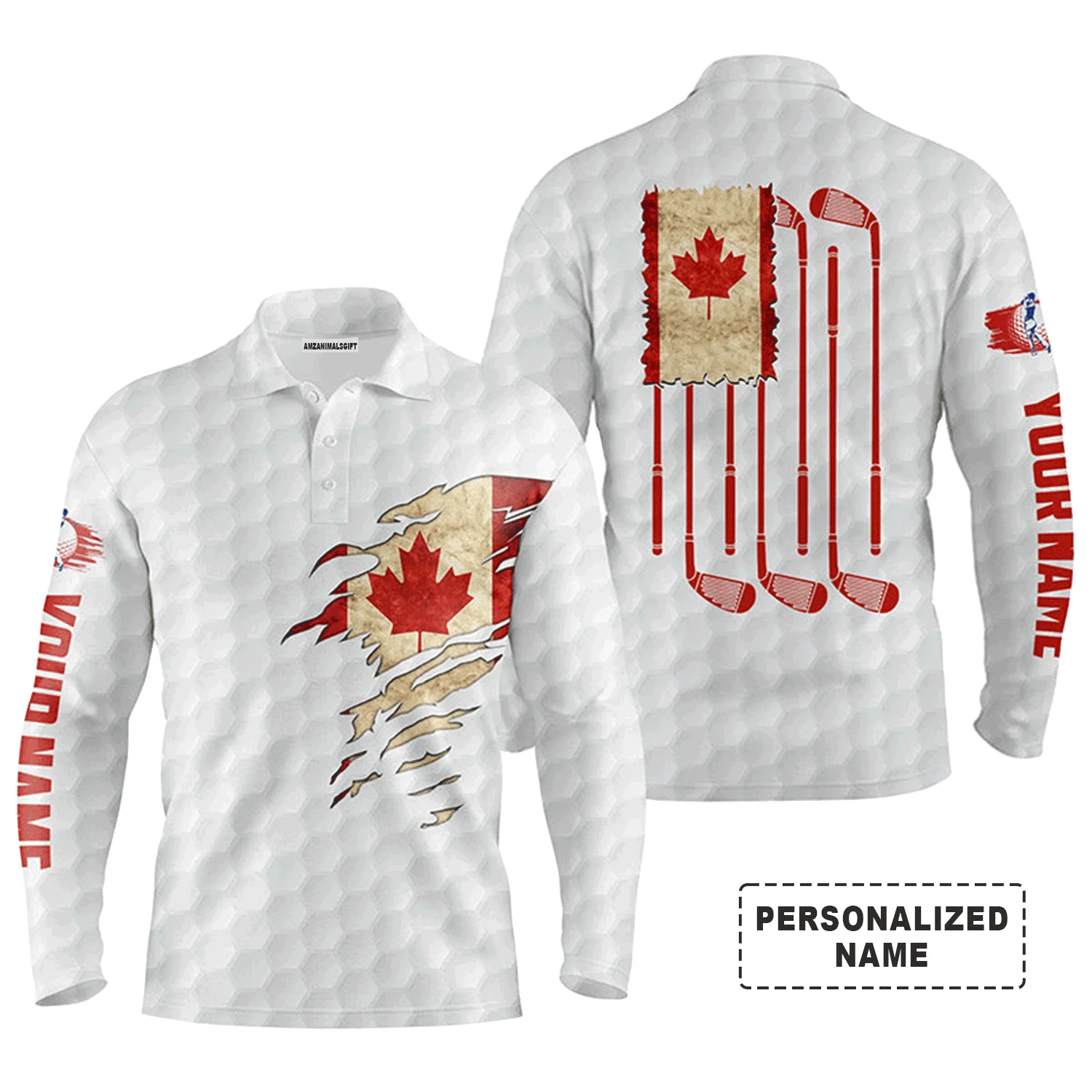 Custom Golf Long Sleeve Men Polo Shirt - Funny Custom Name Vintage Canada Flag Patriot Golf Clubs Apparel For Golf Lover, Men - Image 2