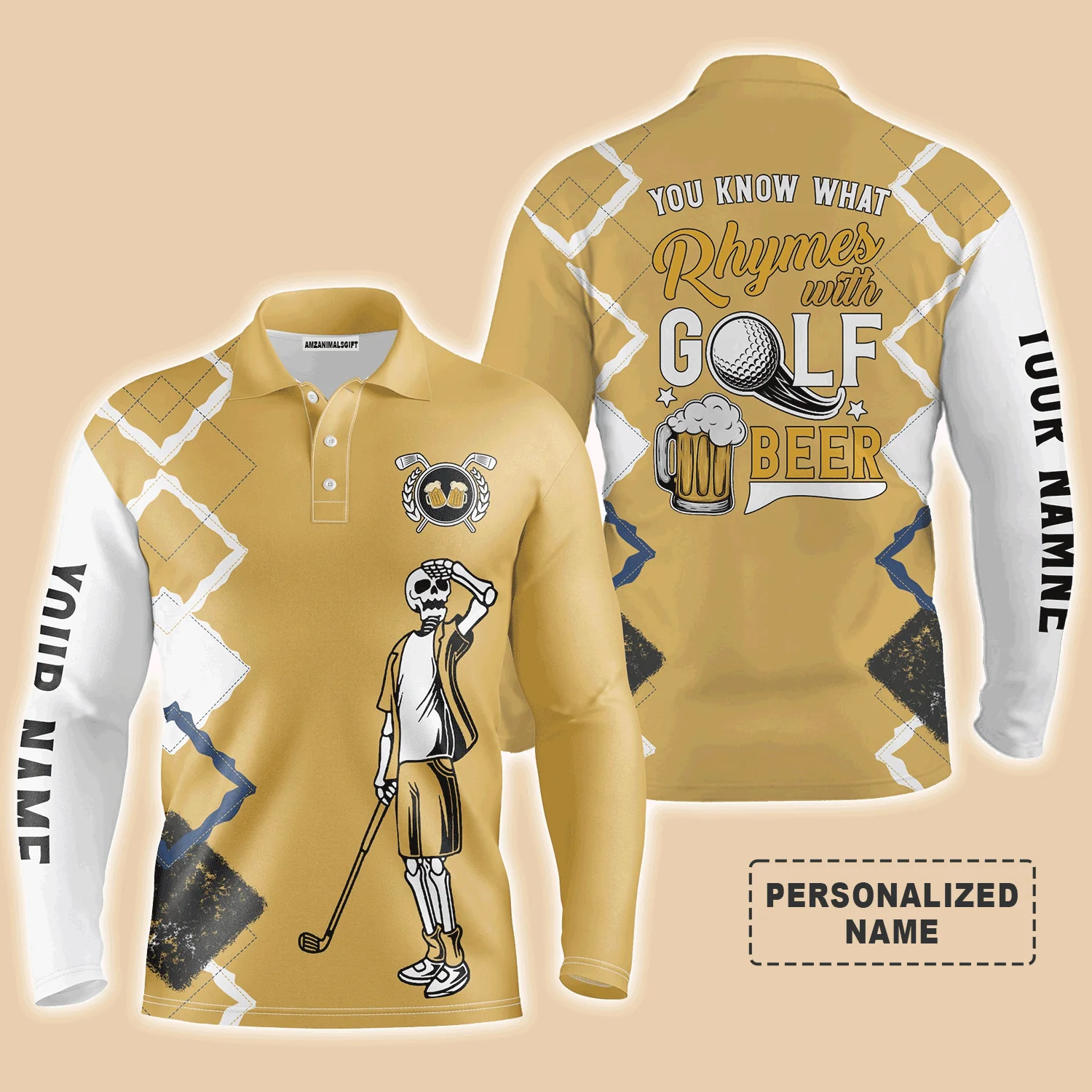Custom Golf Long Sleeve Men Polo Shirt- Funny Skeleton Argyle Pattern You Know What Rhymes With Golf Beer Men Polo Shirts For Golf Lover