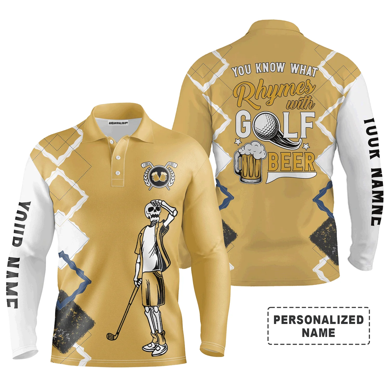 Custom Golf Long Sleeve Men Polo Shirt- Funny Skeleton Argyle Pattern You Know What Rhymes With Golf Beer Men Polo Shirts For Golf Lover - Image 2