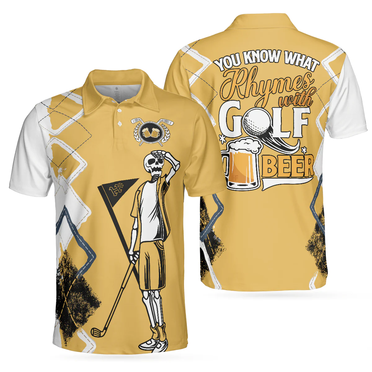 Custom Golf Long Sleeve Men Polo Shirt- Funny Skeleton Argyle Pattern You Know What Rhymes With Golf Beer Men Polo Shirts For Golf Lover - Image 3