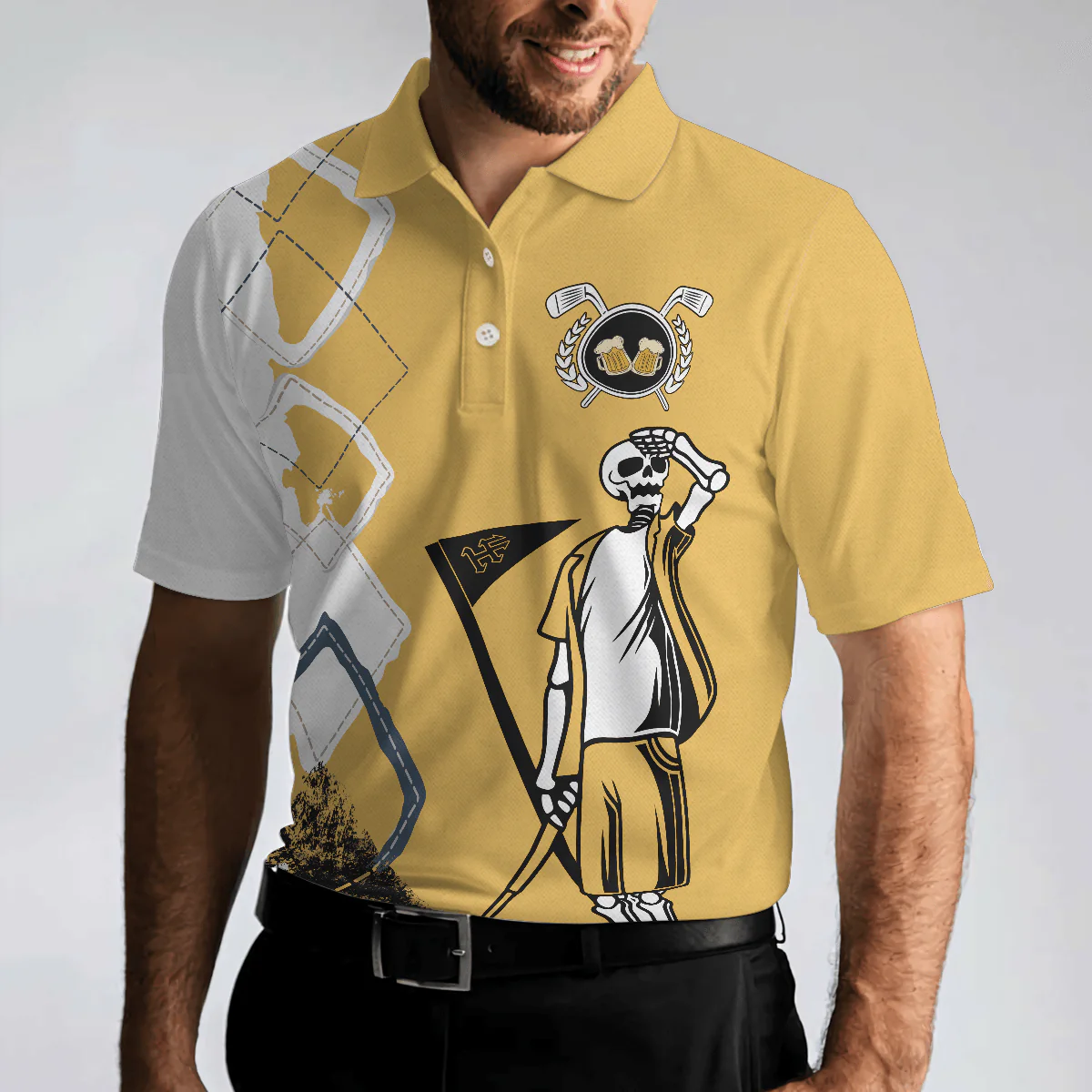 Custom Golf Long Sleeve Men Polo Shirt- Funny Skeleton Argyle Pattern You Know What Rhymes With Golf Beer Men Polo Shirts For Golf Lover - Image 7